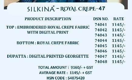 Vinay Presents Silkina Royal Crepe Vol-47 Wholesale Royal Crepe With Work Salwar Suits Catalog Wholesaler 