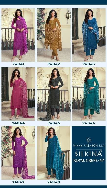 Vinay Presents Silkina Royal Crepe Vol-47 Wholesale Royal Crepe With Work Salwar Suits Catalog Wholesaler 