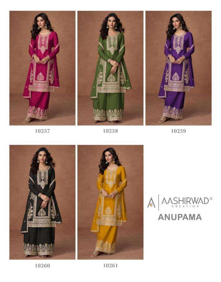 Aashirwad Creation Presents Anupama Chinon Silk Readymade Fashionable Suits Catalog Wholesaler And Exporter 