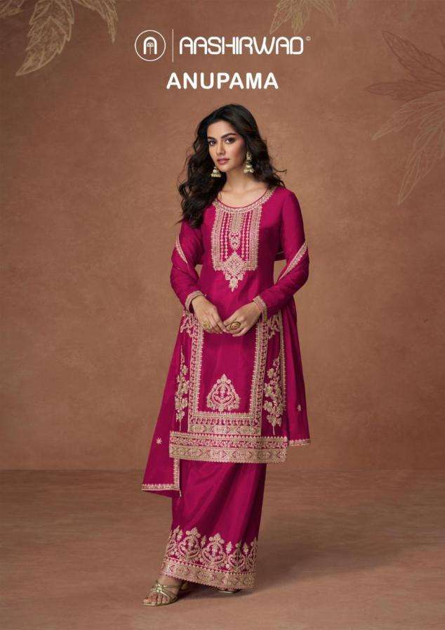 Aashirwad Creation Presents Anupama Chinon Silk Readymade Fashionable Suits Catalog Wholesaler And Exporter 