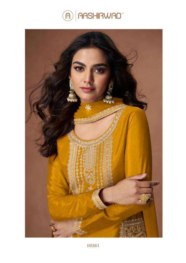 Aashirwad Creation Presents Anupama Chinon Silk Readymade Fashionable Suits Catalog Wholesaler And Exporter 