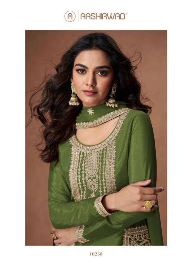 Aashirwad Creation Presents Anupama Chinon Silk Readymade Fashionable Suits Catalog Wholesaler And Exporter 