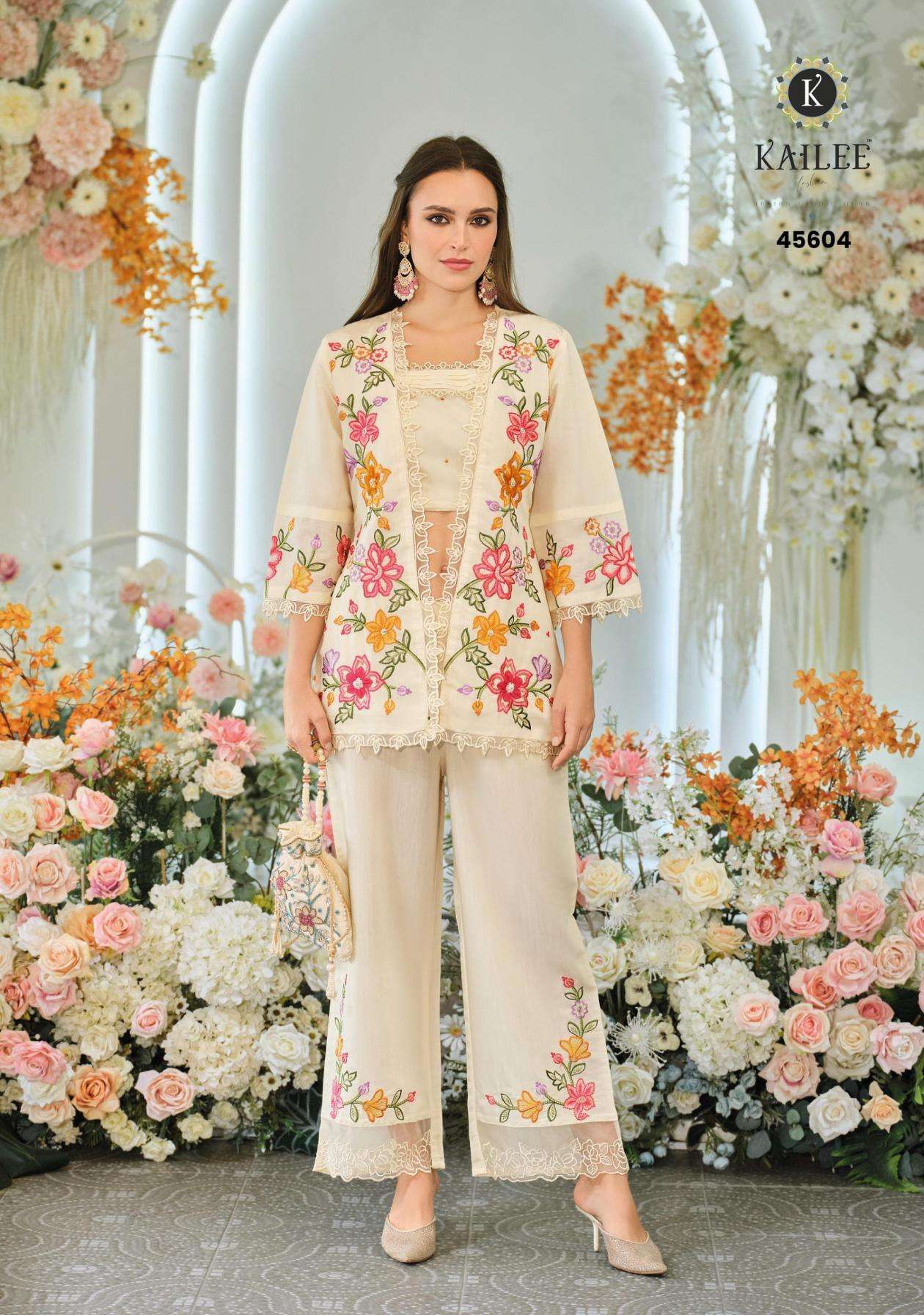 Kailee fashion Bloom Vol-2 Viscose Organza Fully Stitch Exclusive Top Plazzo With Koti Style Dress Catalog Wholesaler And Exporter 