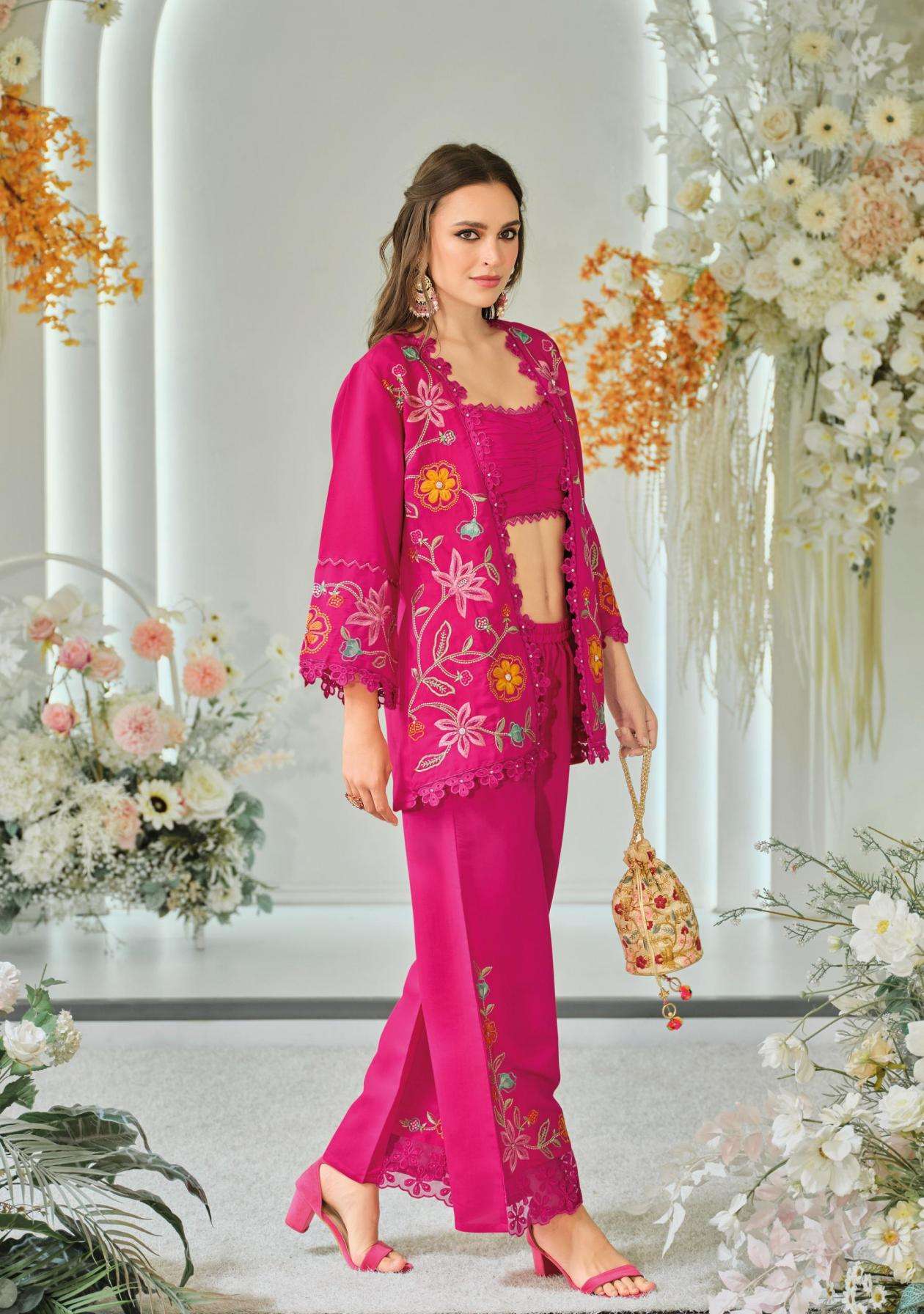 Kailee fashion Bloom Vol-2 Viscose Organza Fully Stitch Exclusive Top Plazzo With Koti Style Dress Catalog Wholesaler And Exporter 