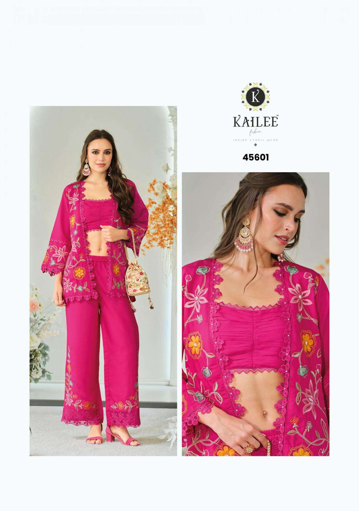 Kailee fashion Bloom Vol-2 Viscose Organza Fully Stitch Exclusive Top Plazzo With Koti Style Dress Catalog Wholesaler And Exporter 