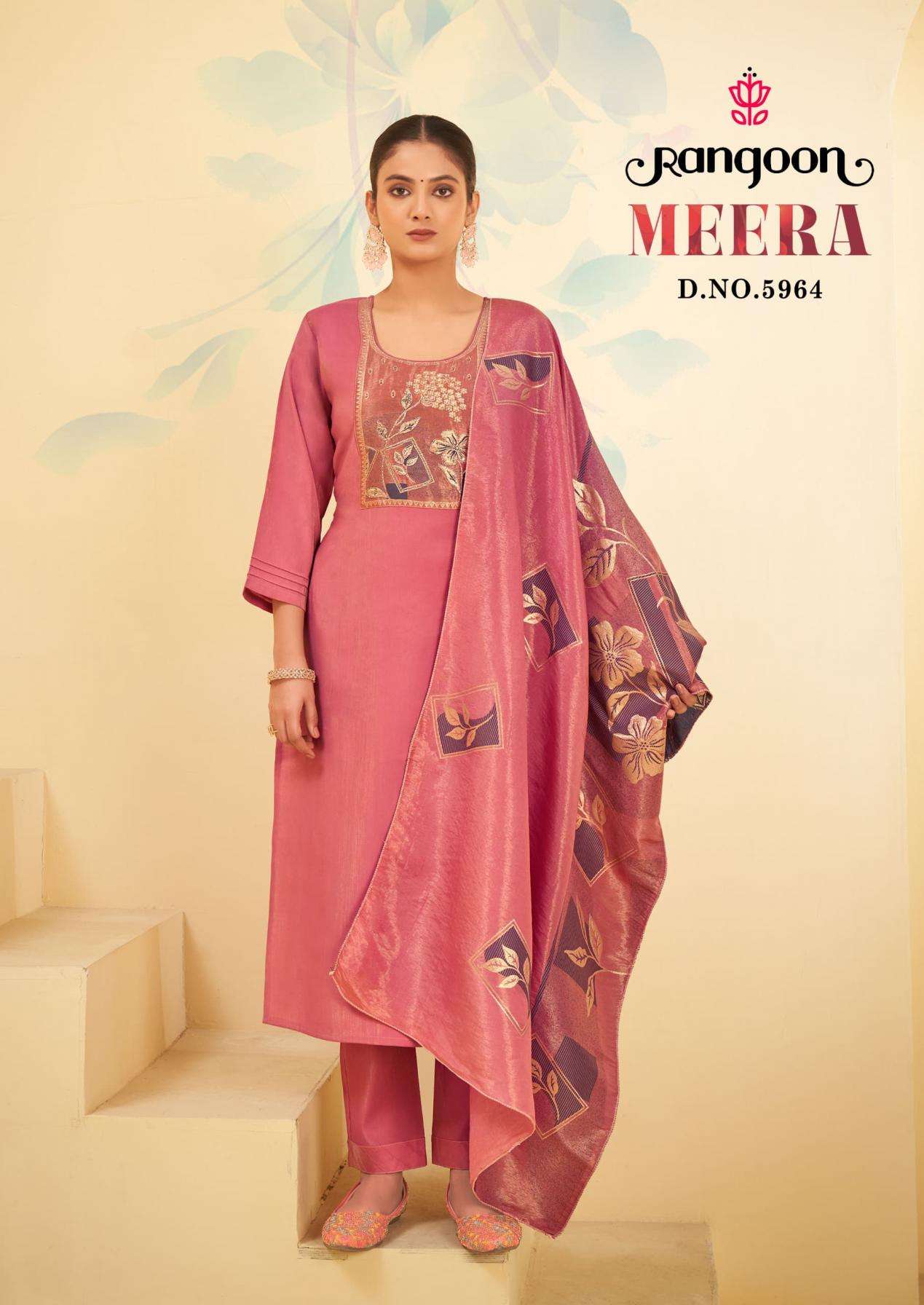 Rangoon Presents Meera Viscose Shimmer Readymade Classic Look 3pcs Suits Catalog Wholesaler And Exporter 