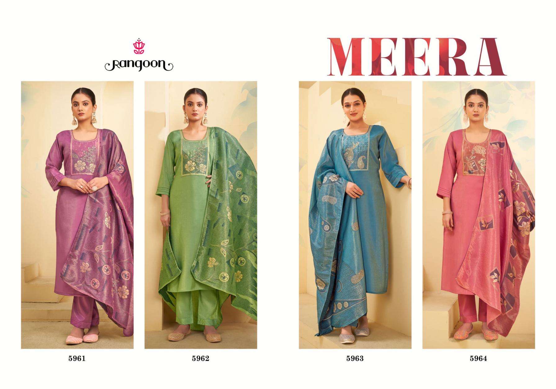 Rangoon Presents Meera Viscose Shimmer Readymade Classic Look 3pcs Suits Catalog Wholesaler And Exporter 