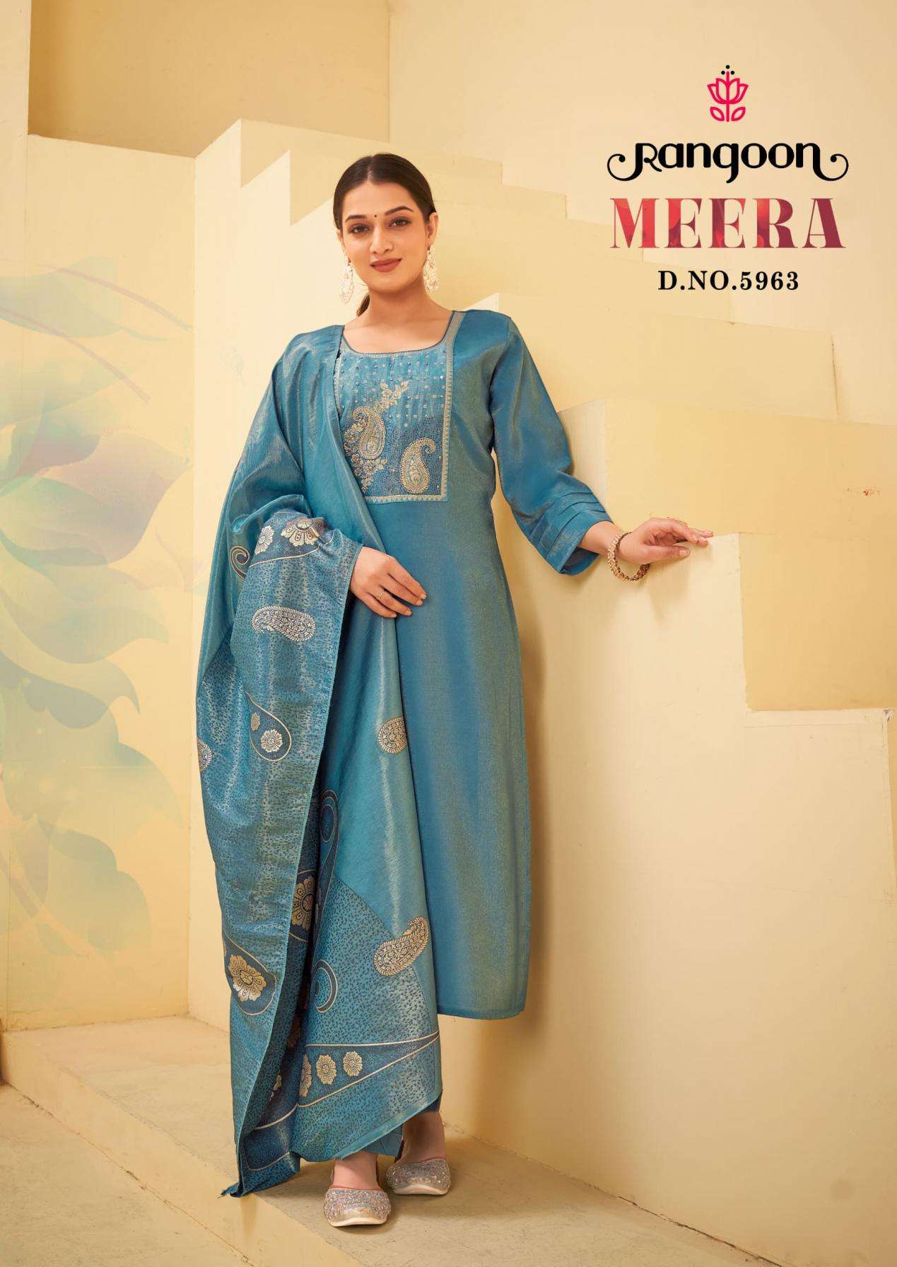 Rangoon Presents Meera Viscose Shimmer Readymade Classic Look 3pcs Suits Catalog Wholesaler And Exporter 