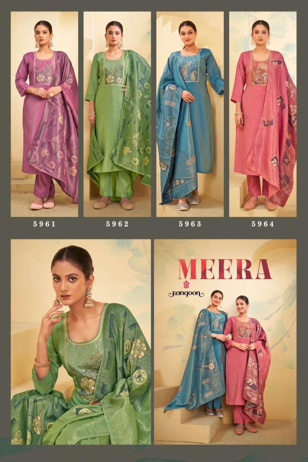 Rangoon Presents Meera Viscose Shimmer Readymade Classic Look 3pcs Suits Catalog Wholesaler And Exporter 