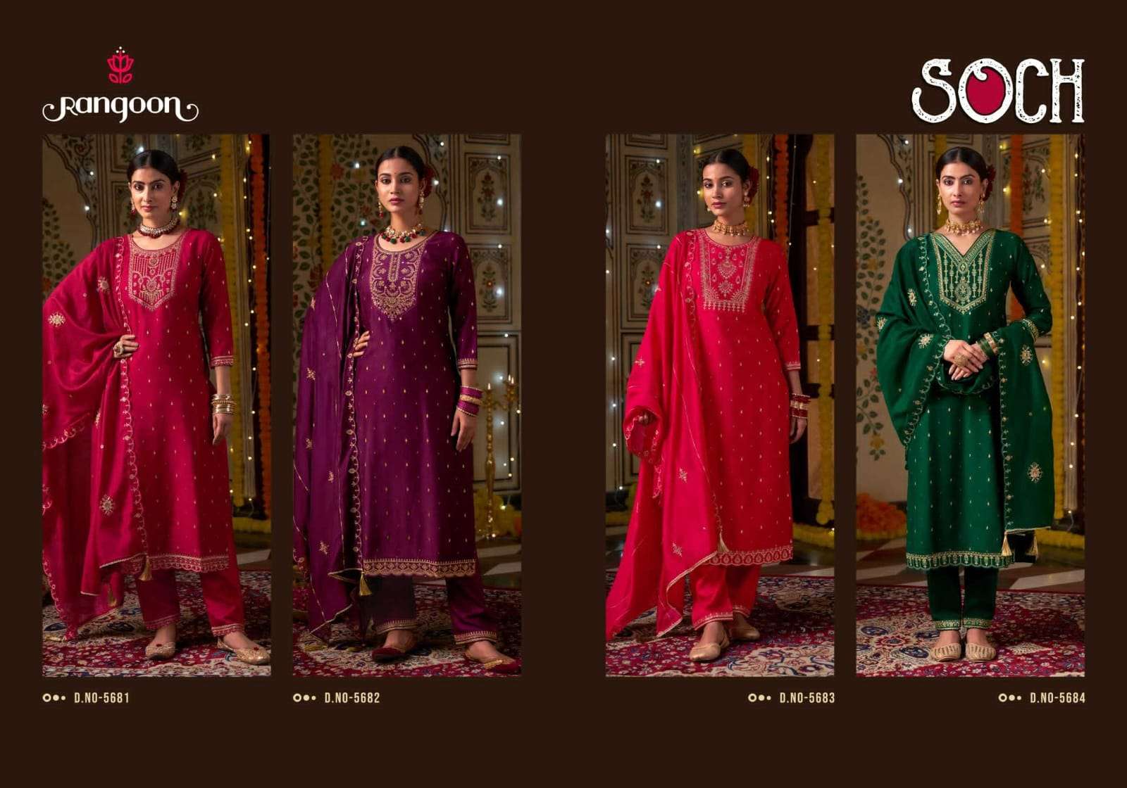 Rangoon Presents Soch Embroidery Work Viscose Jacquard Readymade Suits Catalog Wholesaler And Exporter In Surat