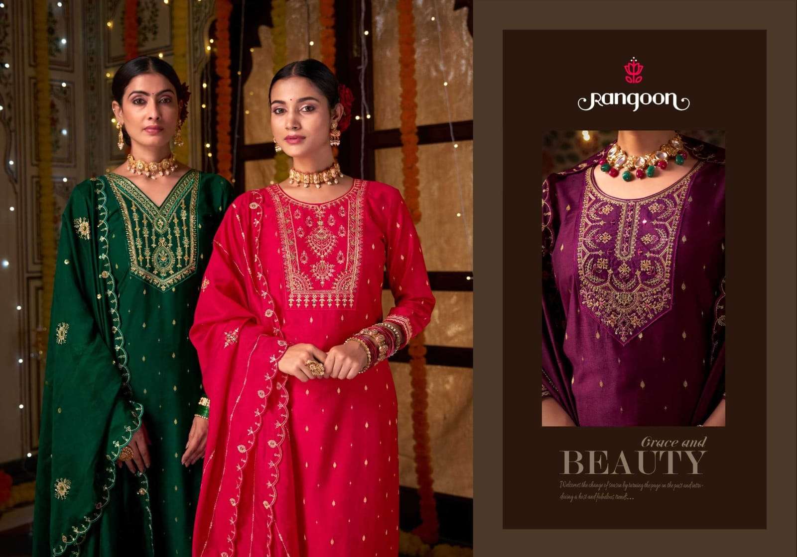 Rangoon Presents Soch Embroidery Work Viscose Jacquard Readymade Suits Catalog Wholesaler And Exporter In Surat