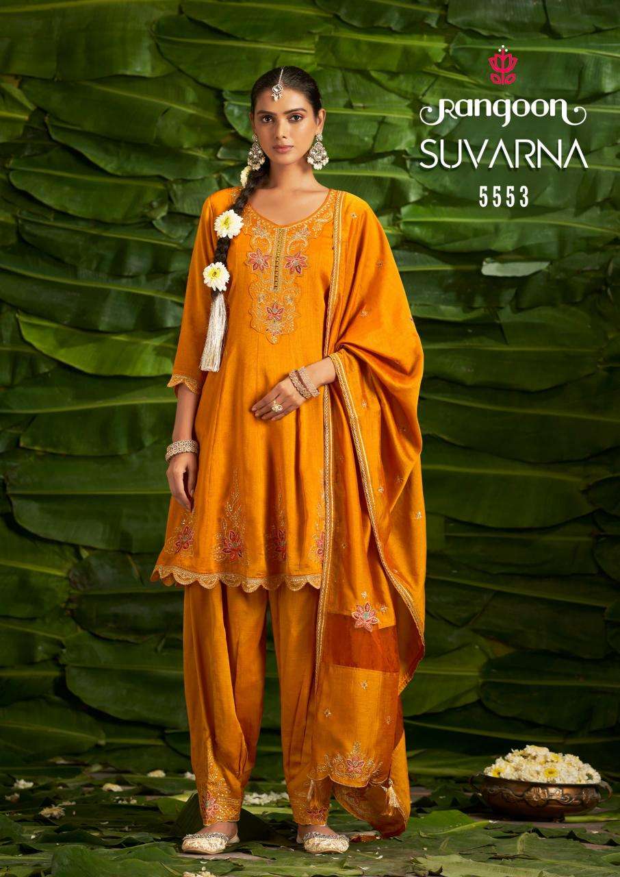 Rangoon Presents Suvarna Readymade Fancy Kali Work Silk Afghani Style 3pcs Suits Catalog Wholesaler and Exporter 