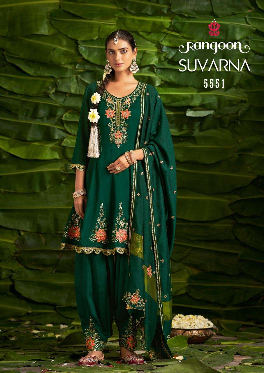 Rangoon Presents Suvarna Readymade Fancy Kali Work Silk Afghani Style 3pcs Suits Catalog Wholesaler and Exporter 