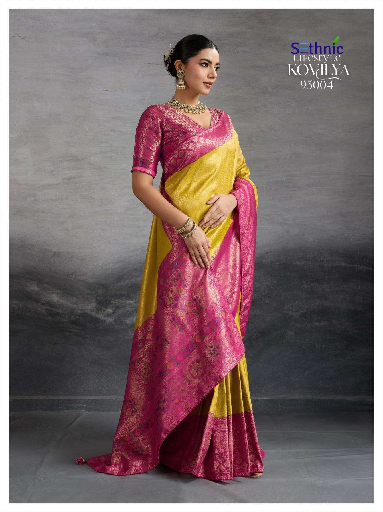 Sethnic Lifestyle Presents Kovilya Kanjivaram Silk Meenakari Work Stylish Look Sarees Catalog Wholesaler And Exporter 