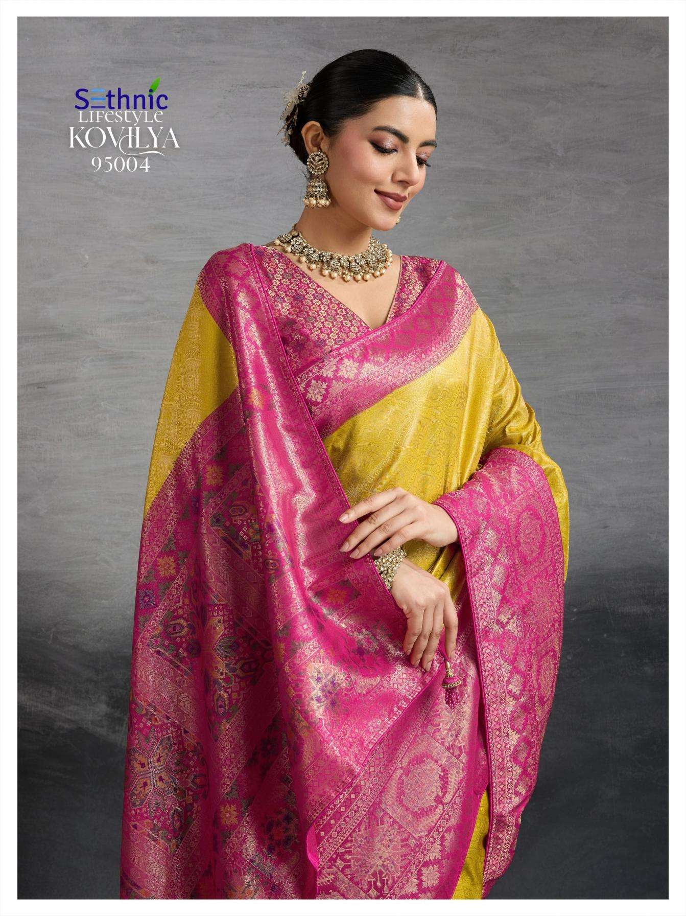Sethnic Lifestyle Presents Kovilya Kanjivaram Silk Meenakari Work Stylish Look Sarees Catalog Wholesaler And Exporter 