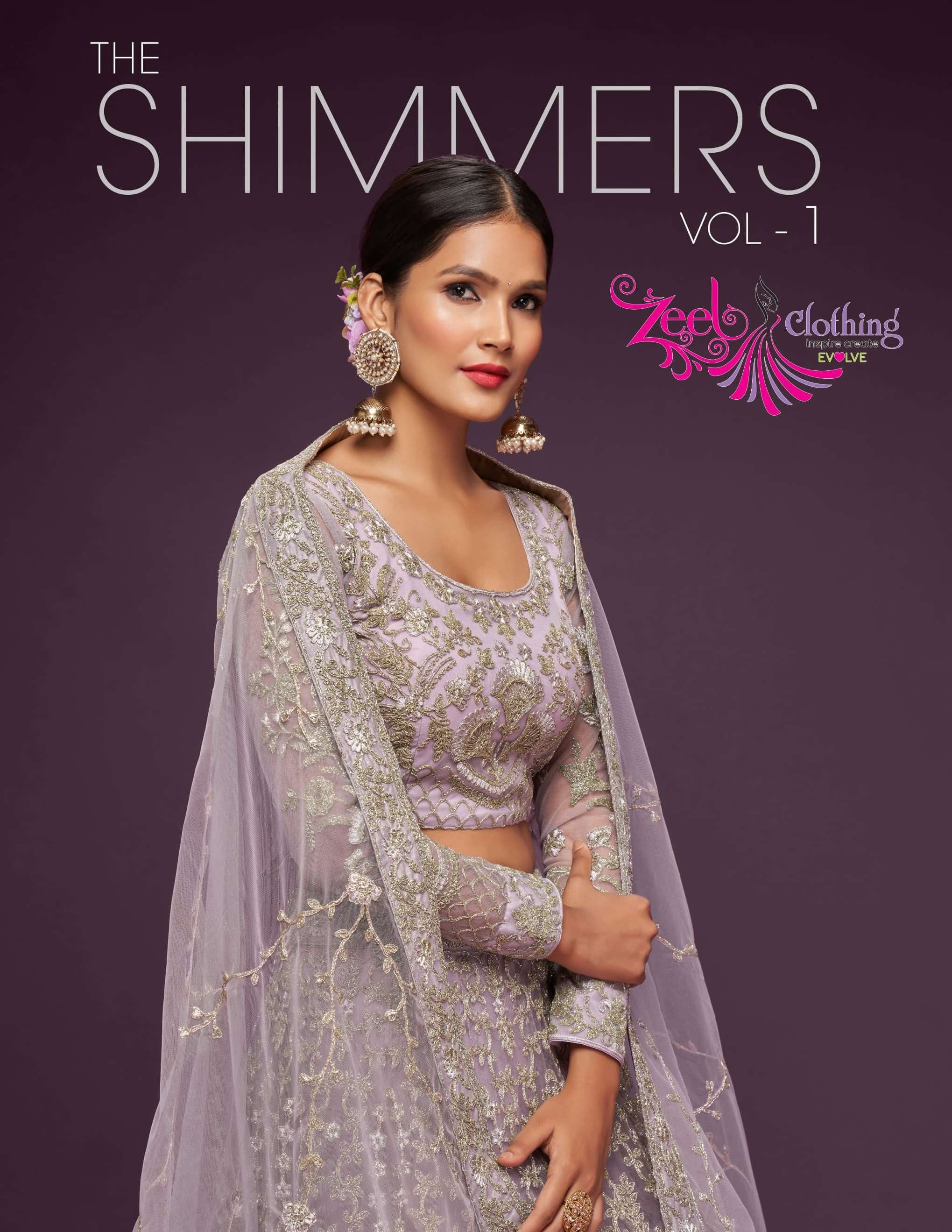 ZEEL CLOTHING PRESENTS THE SHIMMERS VOL-1 FANCY NET LEHNGHA CHOLI CATALOG WHOLESALE GEORGETTE UNIQUE COLORS DESIGNER LEHENGAS