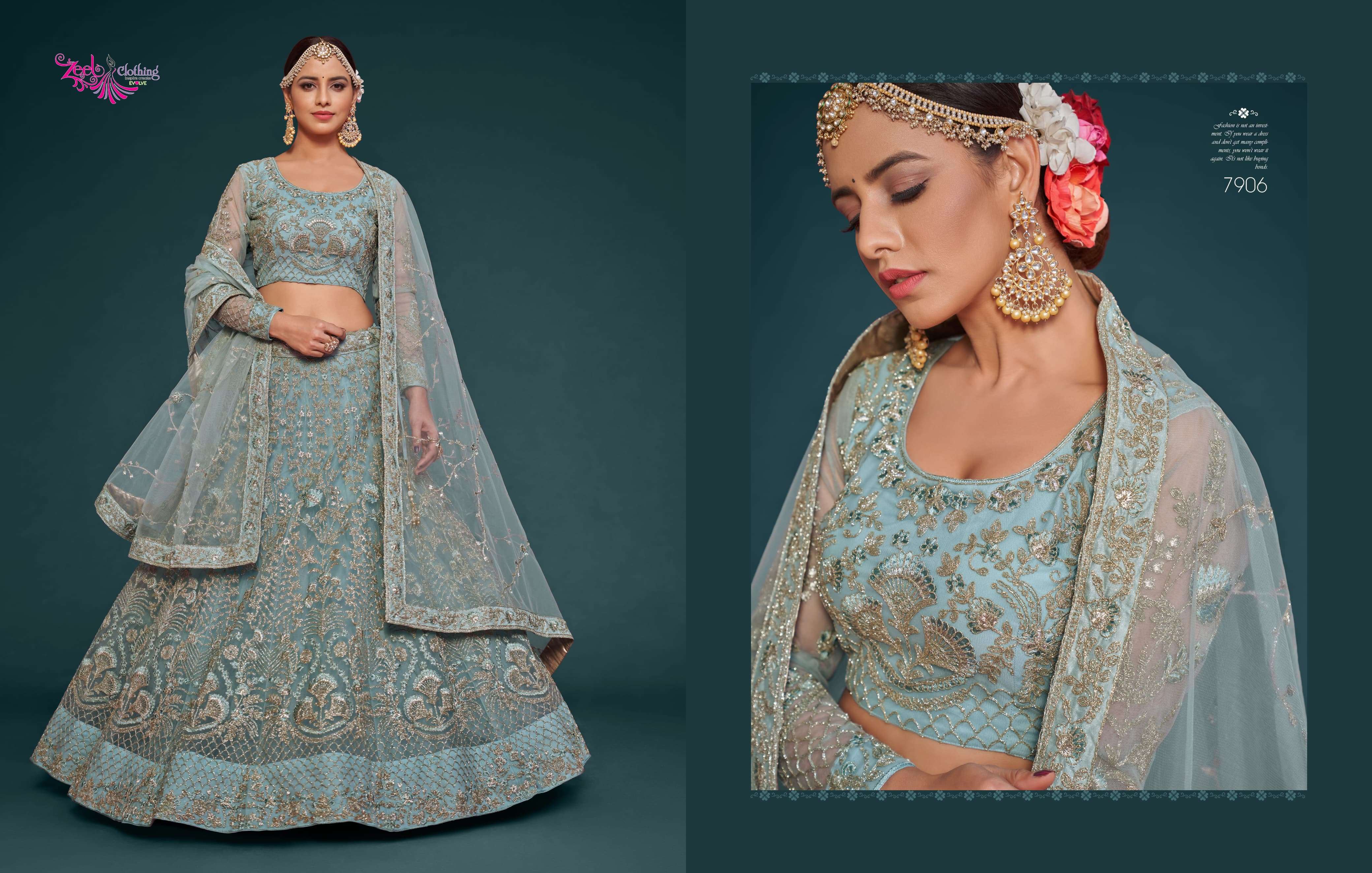 ZEEL CLOTHING PRESENTS THE SHIMMERS VOL-1 FANCY NET LEHNGHA CHOLI CATALOG WHOLESALE GEORGETTE UNIQUE COLORS DESIGNER LEHENGAS