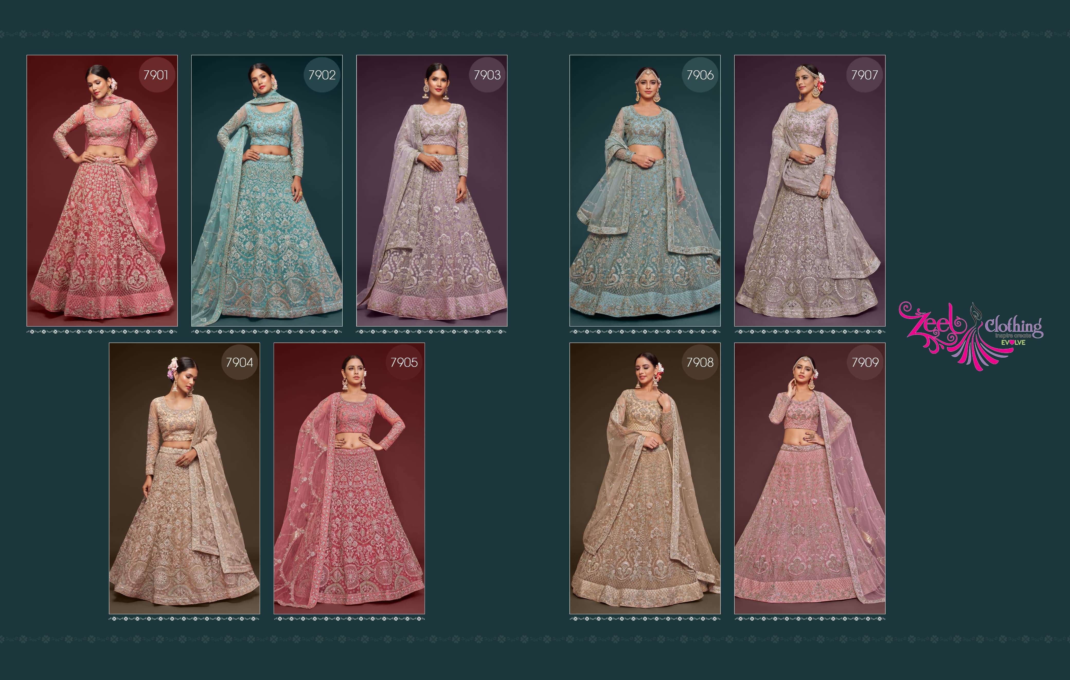 ZEEL CLOTHING PRESENTS THE SHIMMERS VOL-1 FANCY NET LEHNGHA CHOLI CATALOG WHOLESALE GEORGETTE UNIQUE COLORS DESIGNER LEHENGAS