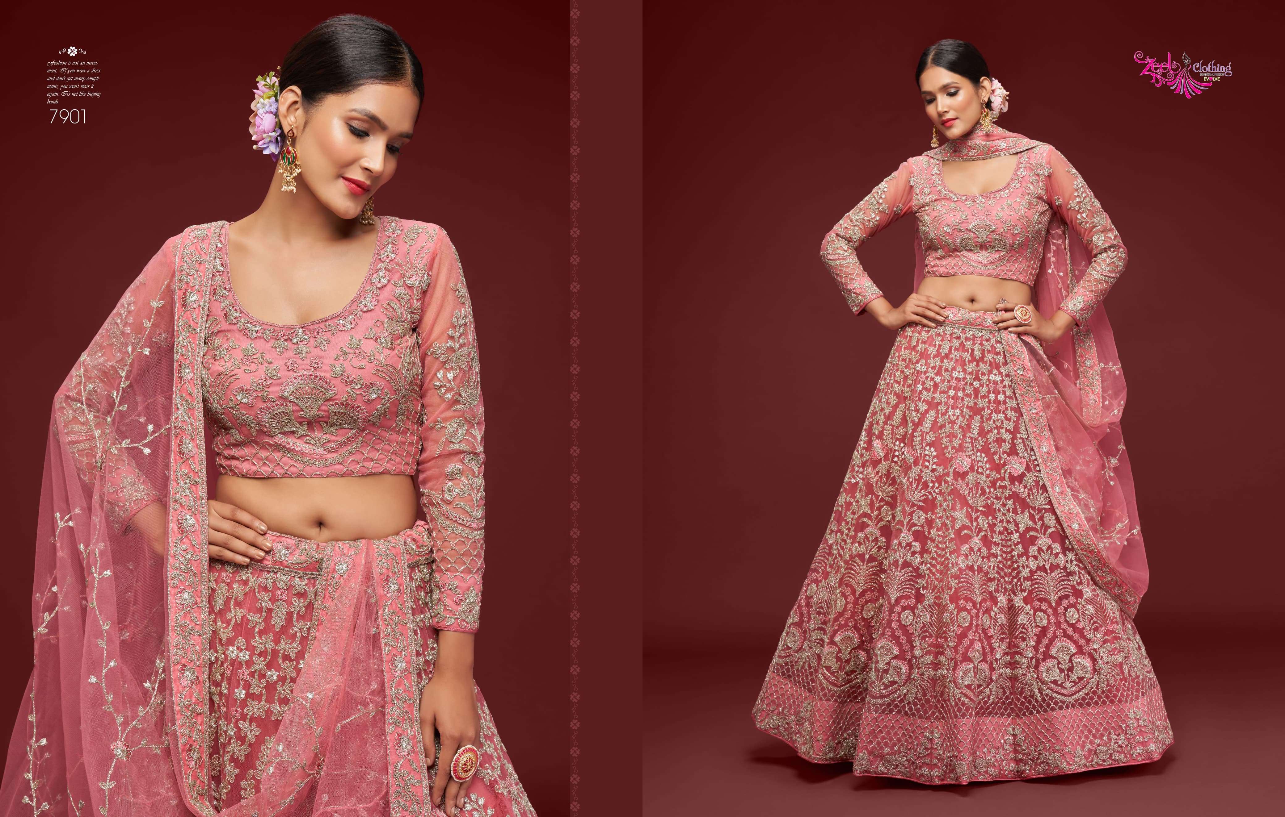 ZEEL CLOTHING PRESENTS THE SHIMMERS VOL-1 FANCY NET LEHNGHA CHOLI CATALOG WHOLESALE GEORGETTE UNIQUE COLORS DESIGNER LEHENGAS