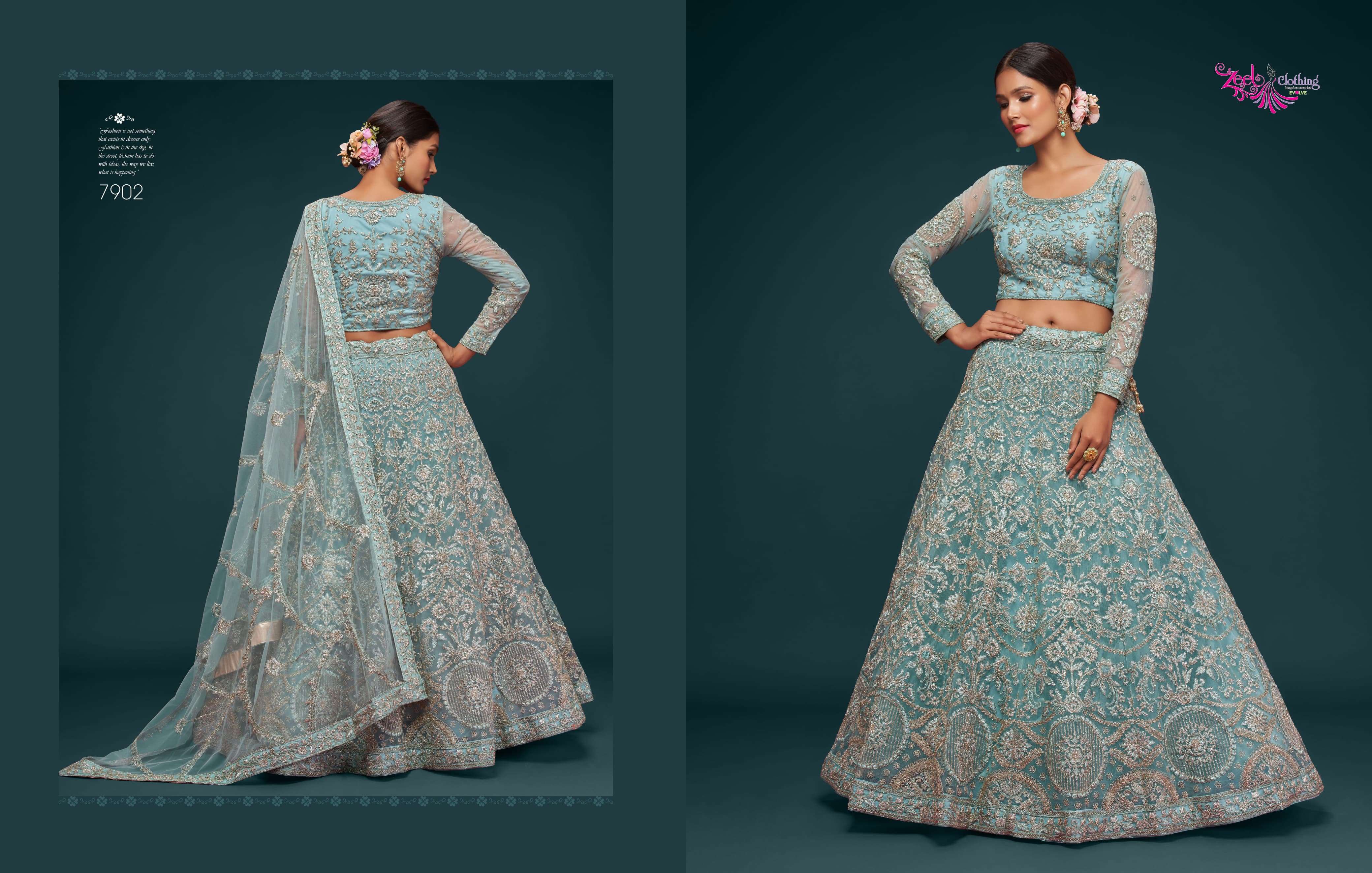 ZEEL CLOTHING PRESENTS THE SHIMMERS VOL-1 FANCY NET LEHNGHA CHOLI CATALOG WHOLESALE GEORGETTE UNIQUE COLORS DESIGNER LEHENGAS