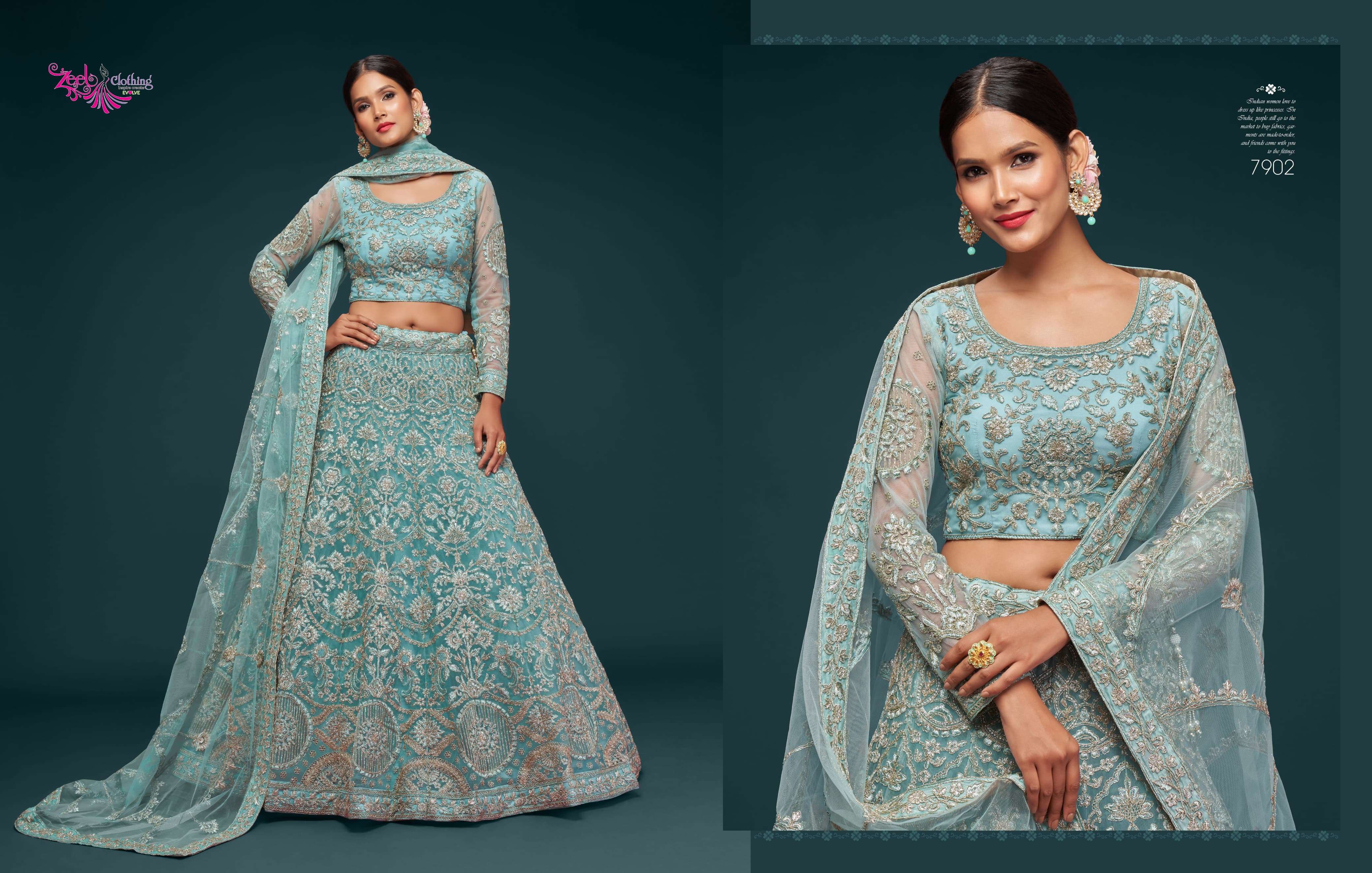 ZEEL CLOTHING PRESENTS THE SHIMMERS VOL-1 FANCY NET LEHNGHA CHOLI CATALOG WHOLESALE GEORGETTE UNIQUE COLORS DESIGNER LEHENGAS
