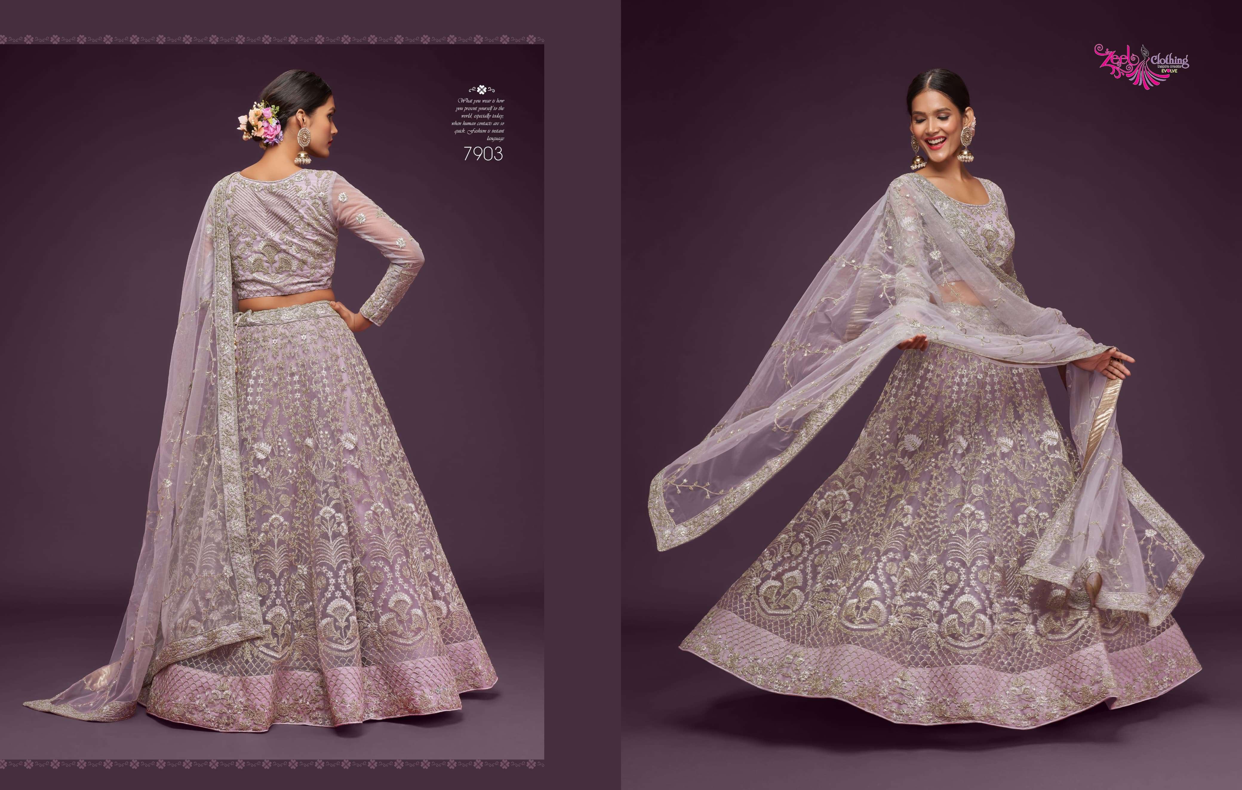 ZEEL CLOTHING PRESENTS THE SHIMMERS VOL-1 FANCY NET LEHNGHA CHOLI CATALOG WHOLESALE GEORGETTE UNIQUE COLORS DESIGNER LEHENGAS