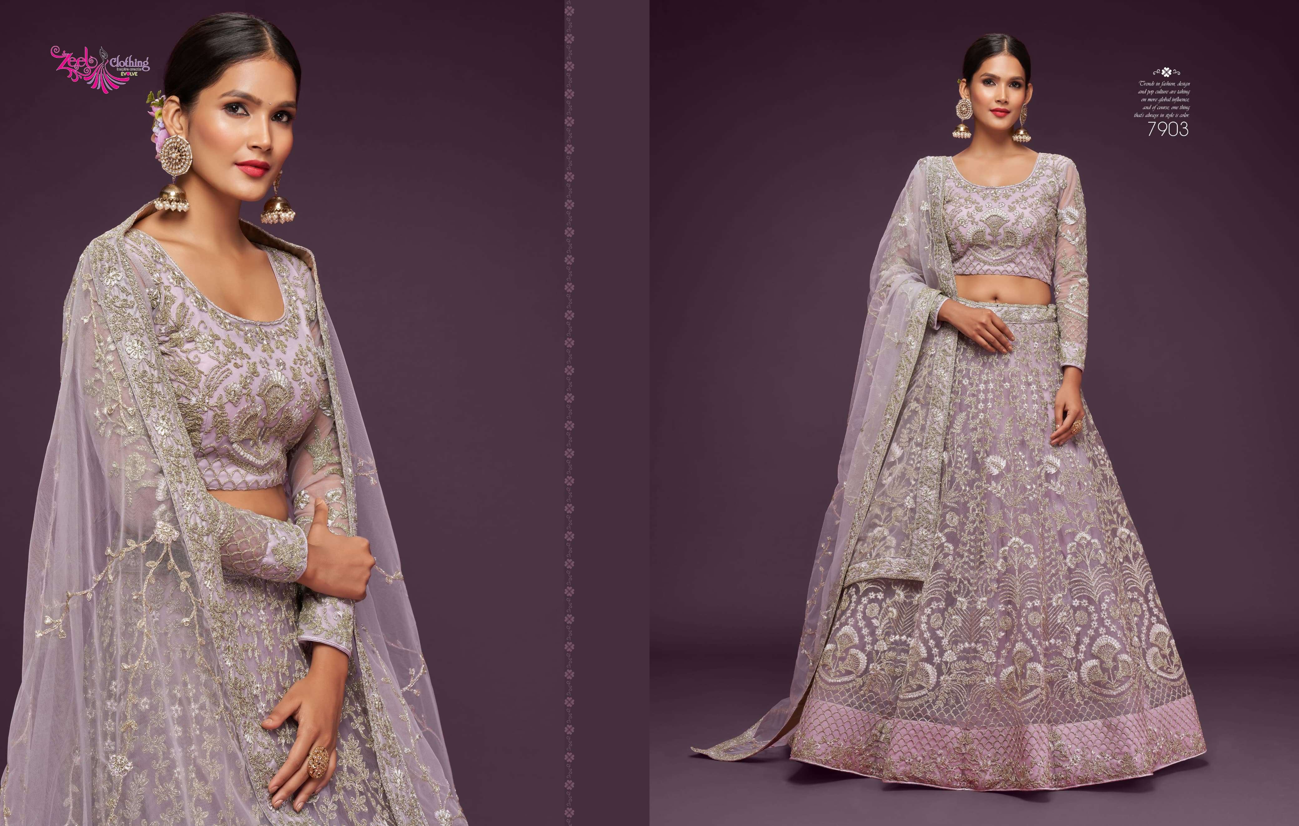 ZEEL CLOTHING PRESENTS THE SHIMMERS VOL-1 FANCY NET LEHNGHA CHOLI CATALOG WHOLESALE GEORGETTE UNIQUE COLORS DESIGNER LEHENGAS