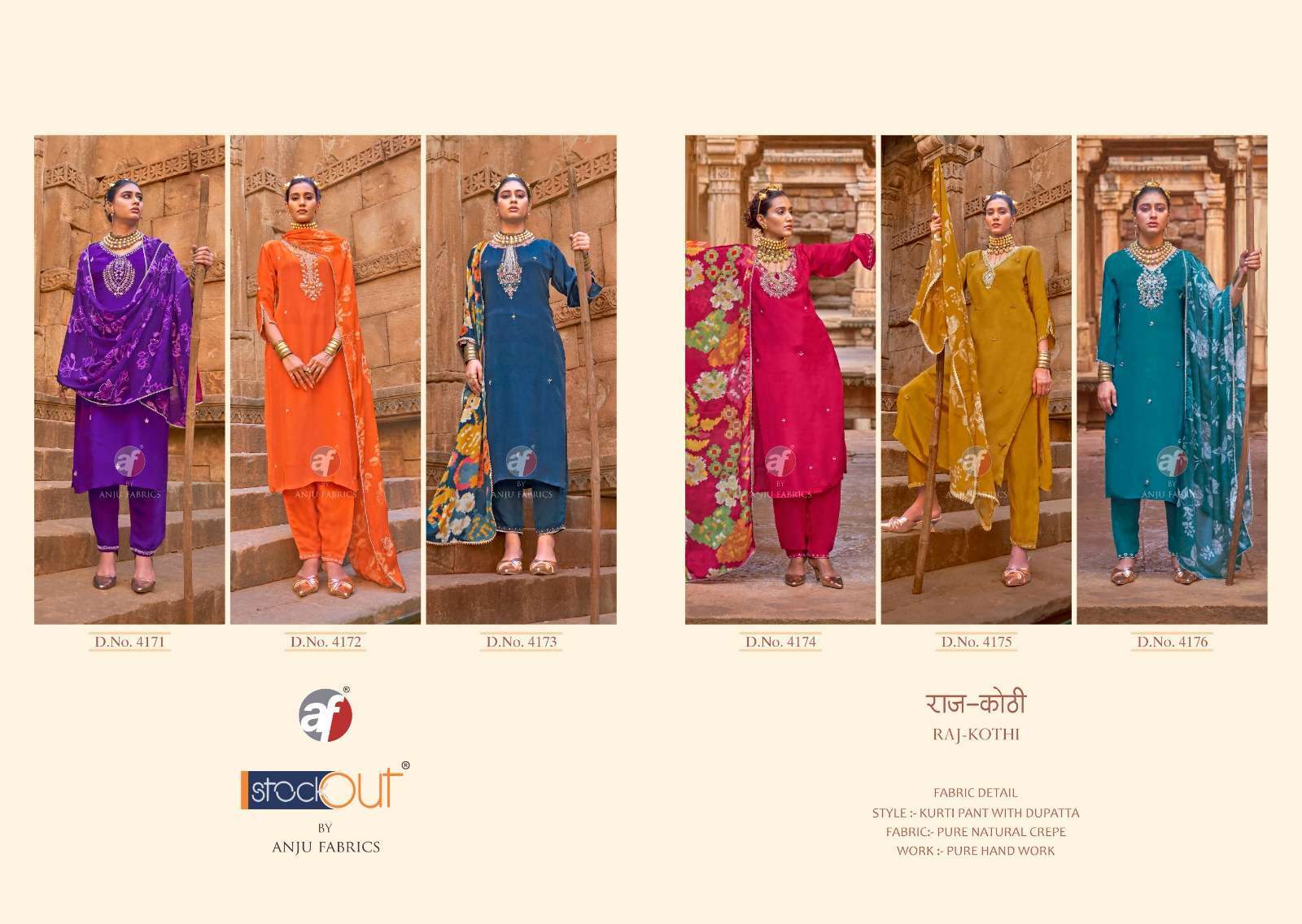 Anju Fab Presents Raj Kothi Natural Crepe Full Stitch Fashionable Suit For Womens Catalog WHolesaler And Exporter 
