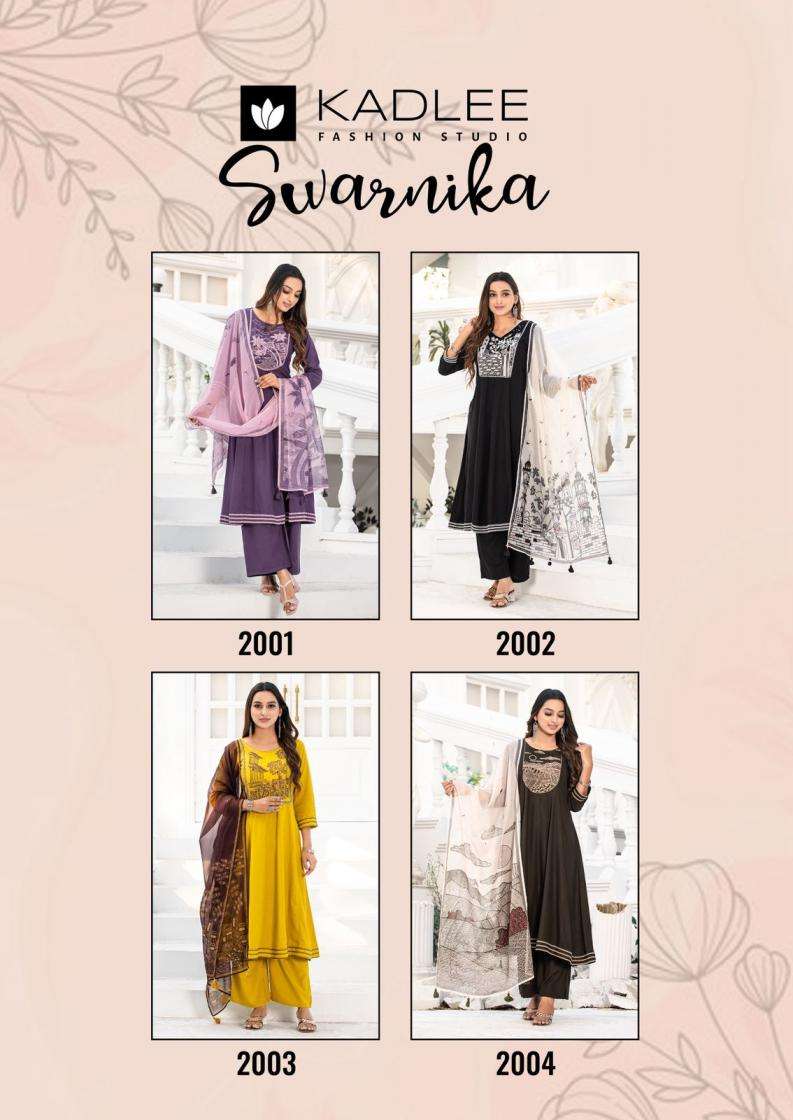 Kadlee Presents Swarnika Rayon Fully Stitch Elegance 3pcs Plazzo Kurtis Catalog Wholesaler And Exporter