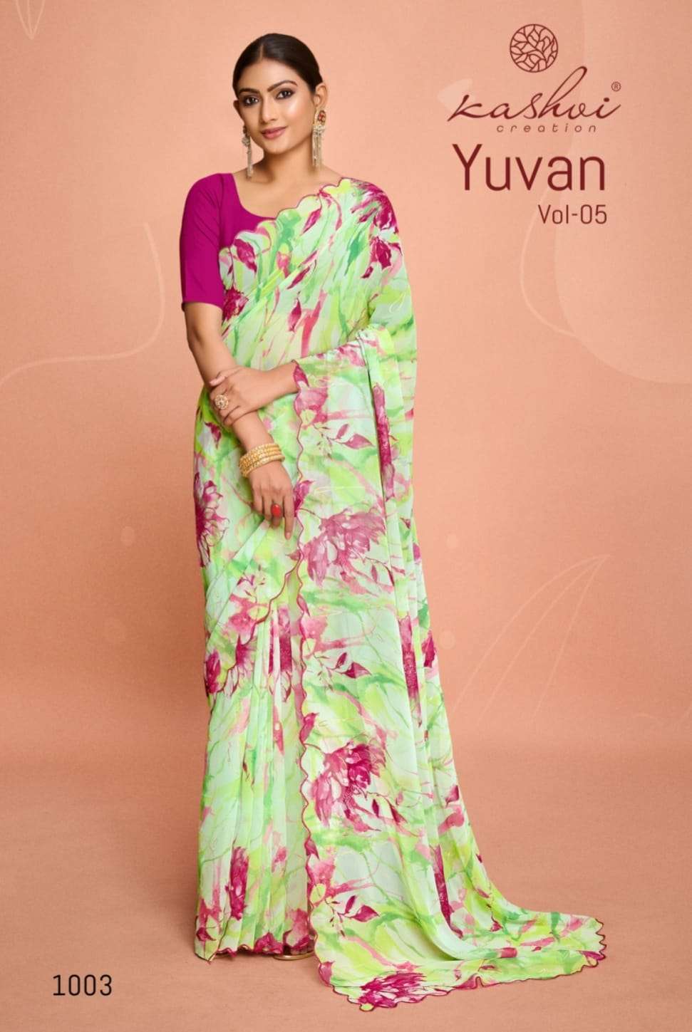 kashvi creation presents yuvan vol-5 georgette printed saree catalog wholesaler and exporter in surat