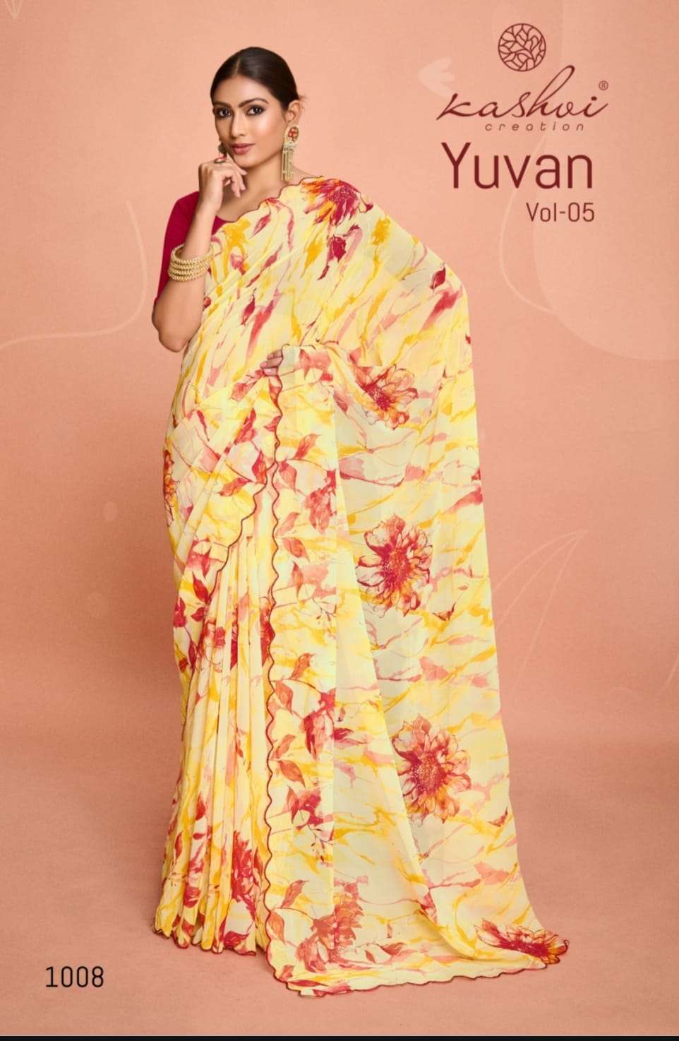 kashvi creation presents yuvan vol-5 georgette printed saree catalog wholesaler and exporter in surat