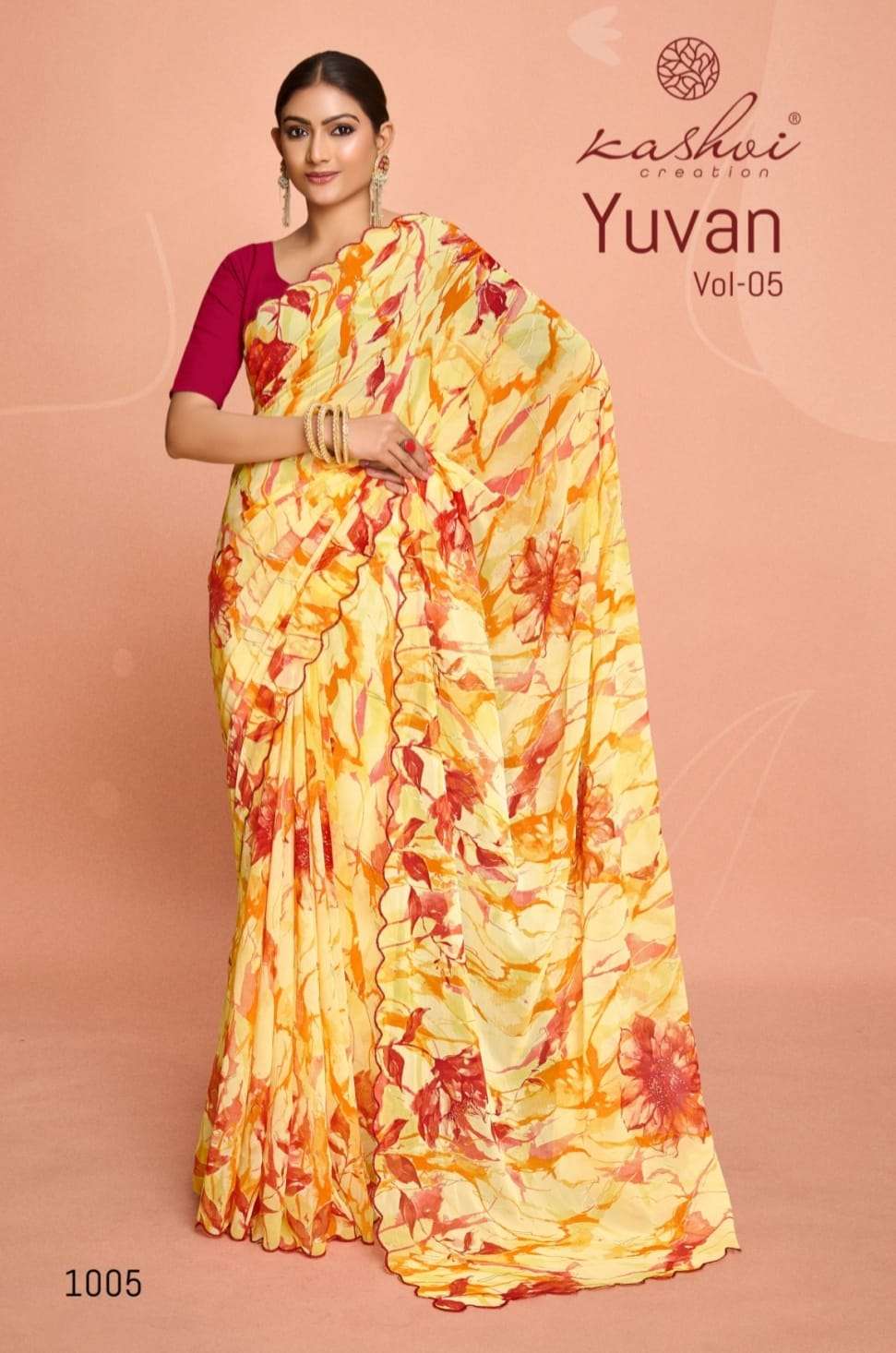kashvi creation presents yuvan vol-5 georgette printed saree catalog wholesaler and exporter in surat