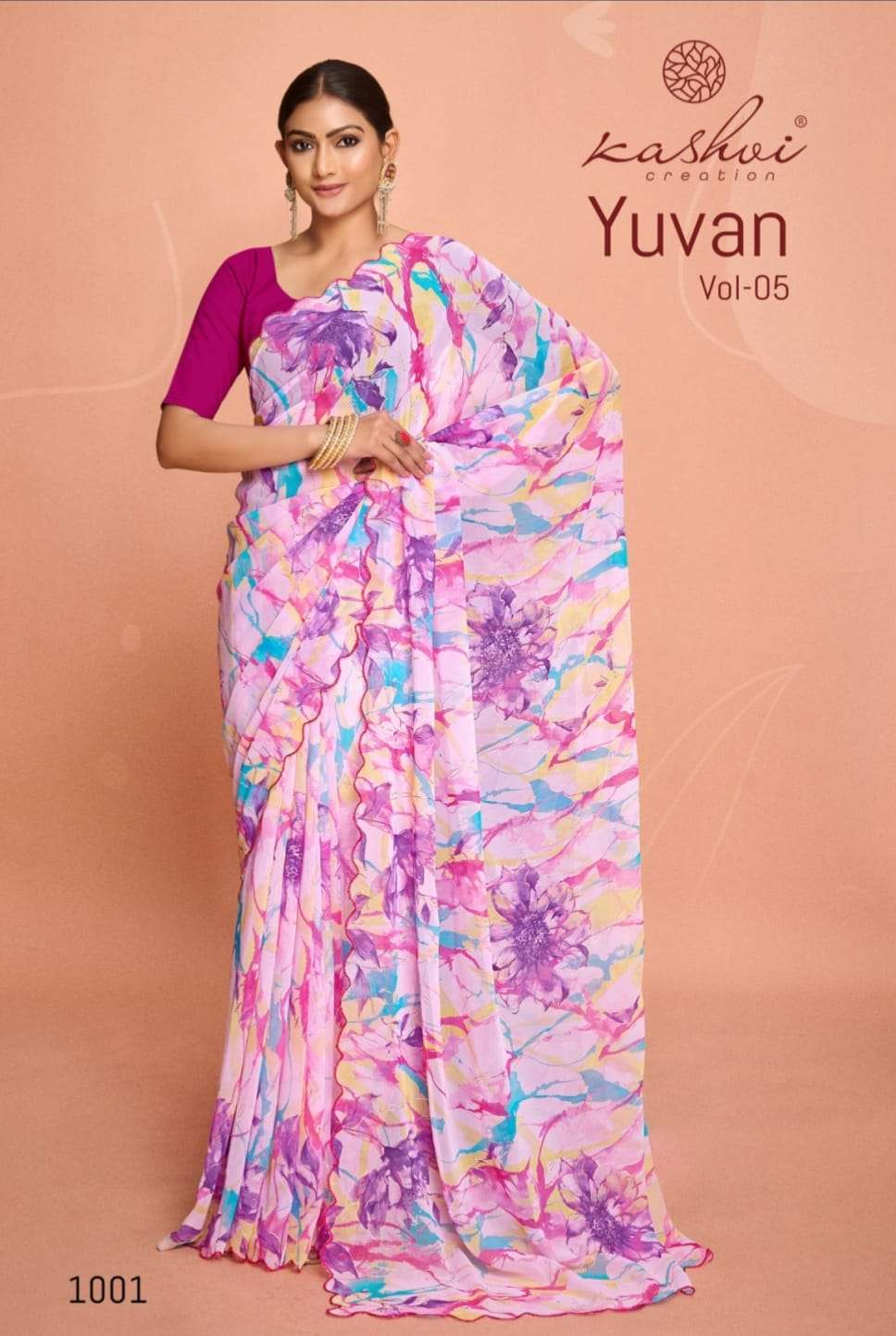 kashvi creation presents yuvan vol-5 georgette printed saree catalog wholesaler and exporter in surat