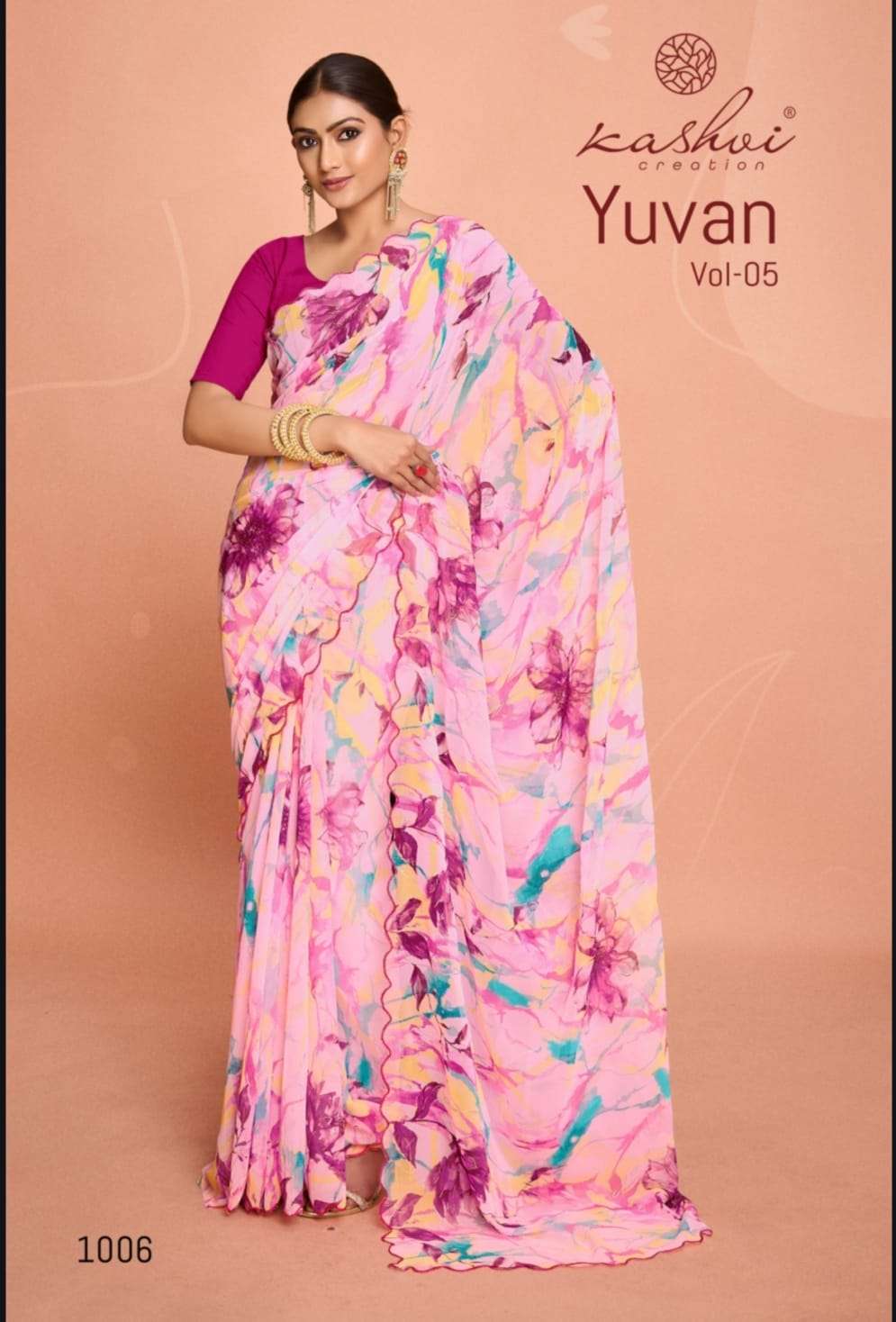 kashvi creation presents yuvan vol-5 georgette printed saree catalog wholesaler and exporter in surat