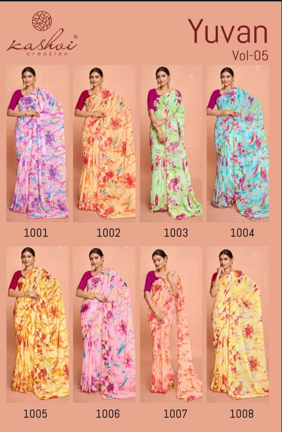 kashvi creation presents yuvan vol-5 georgette printed saree catalog wholesaler and exporter in surat