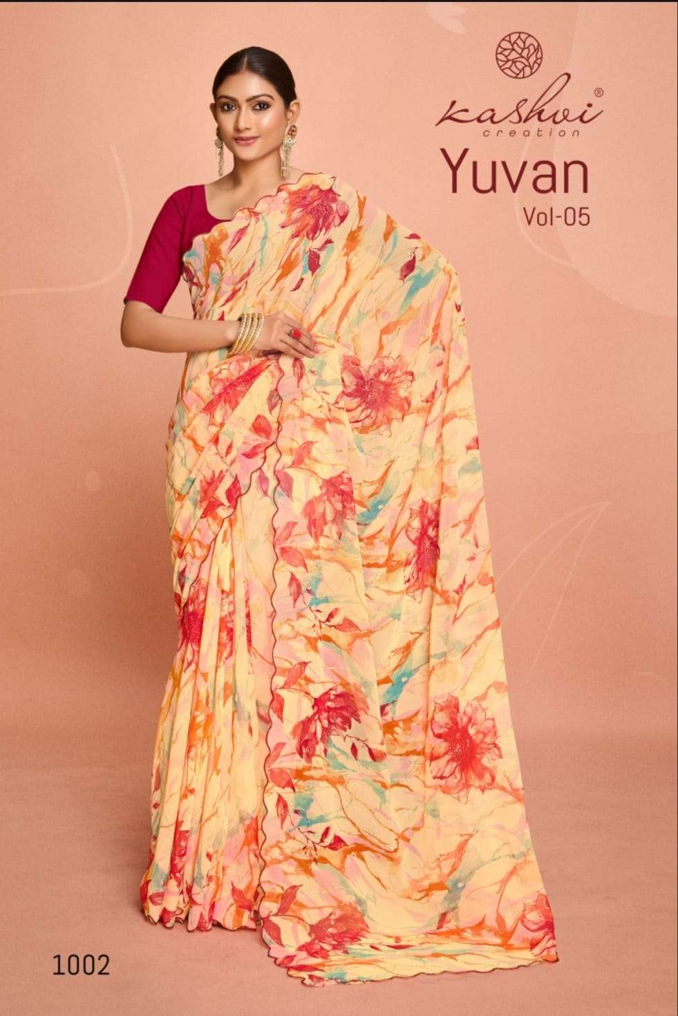 kashvi creation presents yuvan vol-5 georgette printed saree catalog wholesaler and exporter in surat
