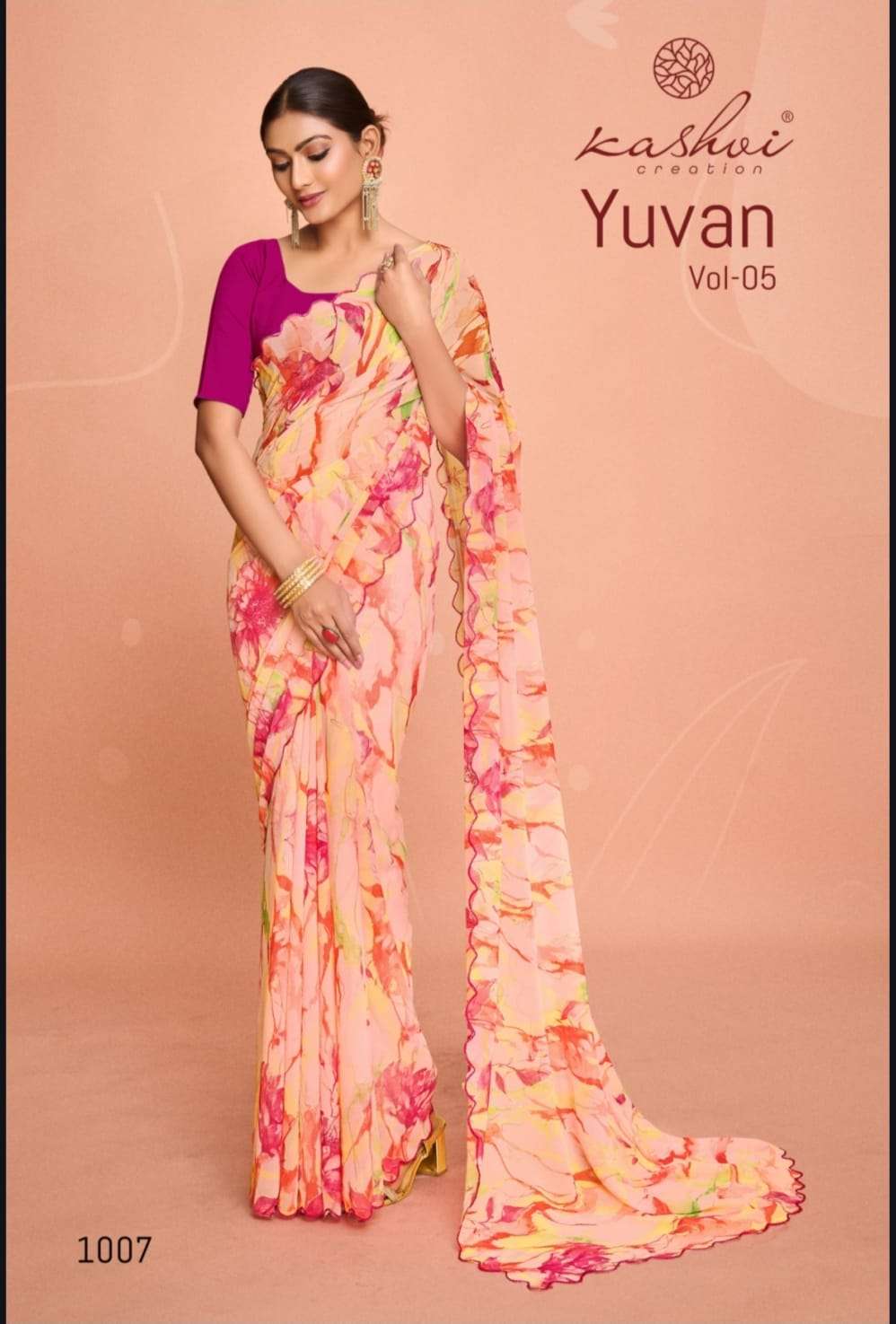 kashvi creation presents yuvan vol-5 georgette printed saree catalog wholesaler and exporter in surat