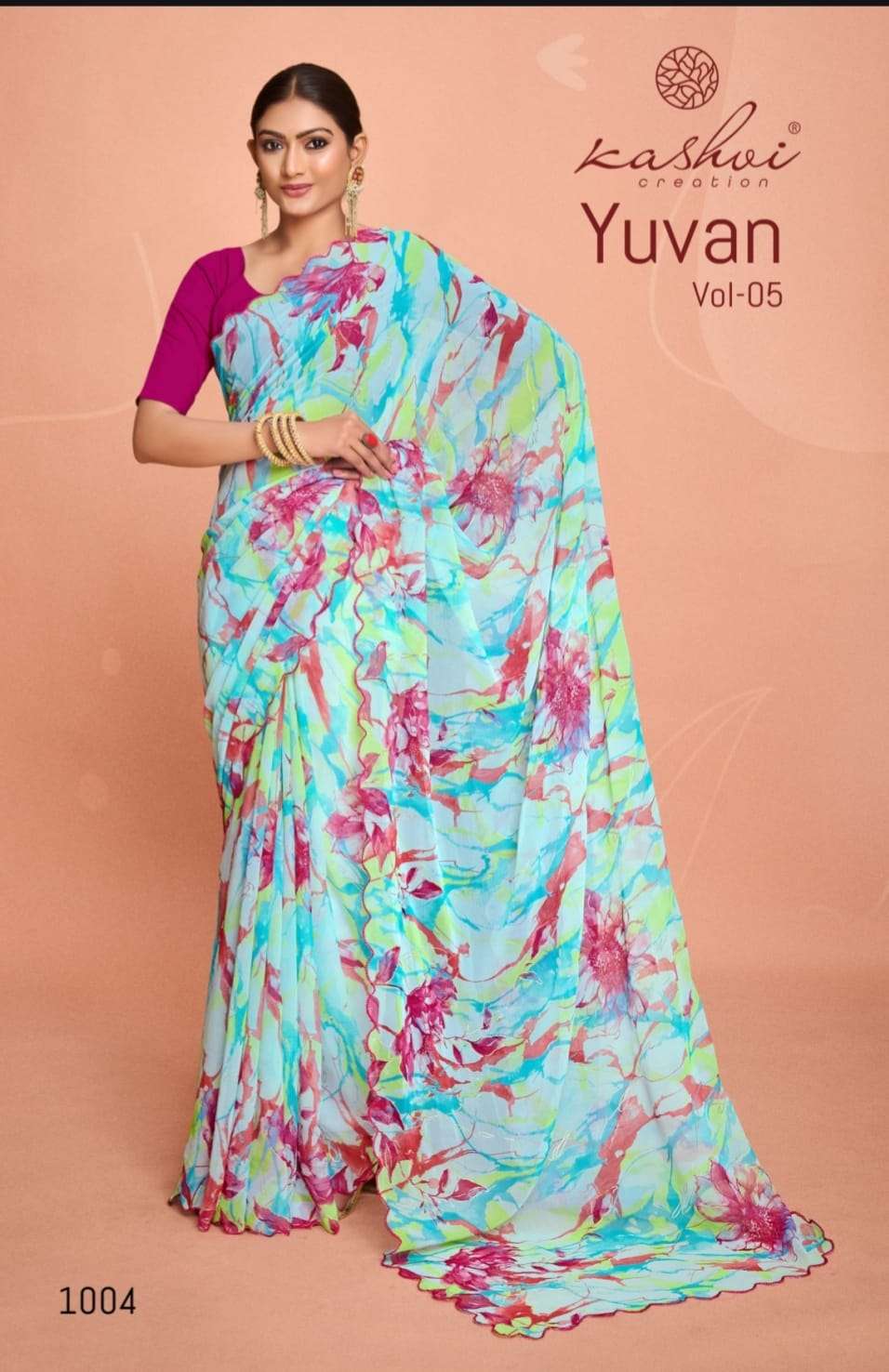 kashvi creation presents yuvan vol-5 georgette printed saree catalog wholesaler and exporter in surat