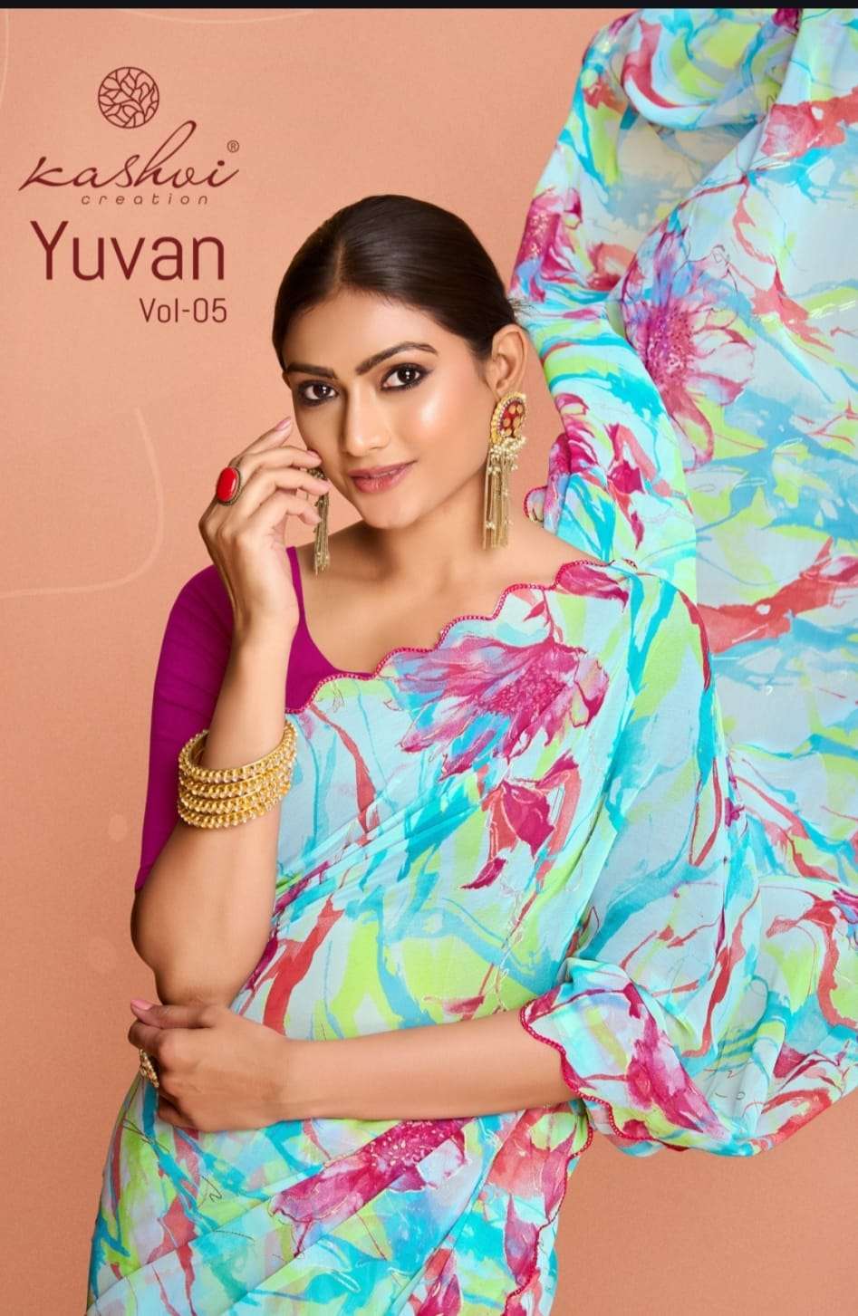 kashvi creation presents yuvan vol-5 georgette printed saree catalog wholesaler and exporter in surat