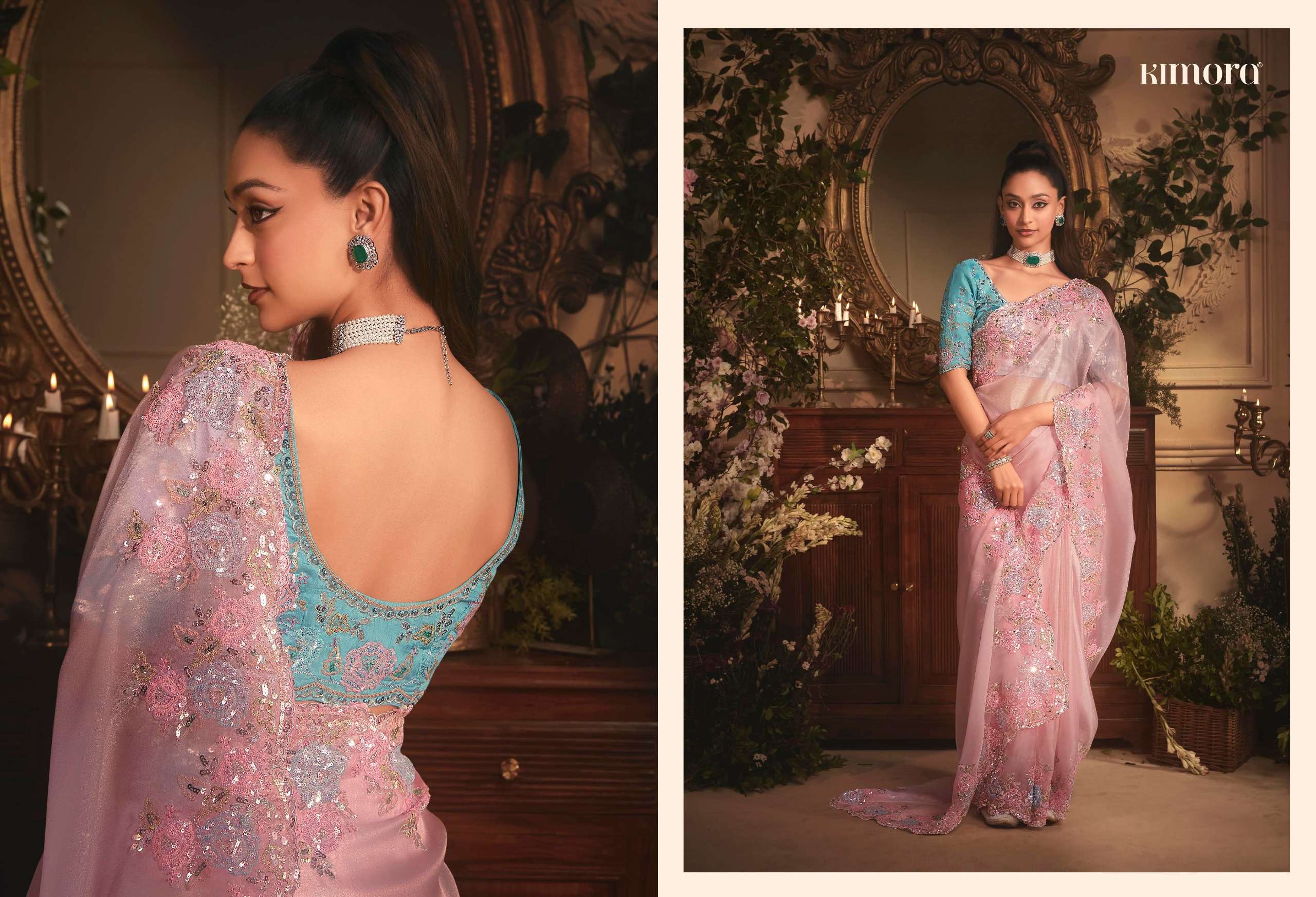 KIMORA PRESENTS CELEBRATION PREMIUM TISSUE ORGANZA FANCY PARTY WEAR LOOK SAREES CATALOG WHOLESALER AND EXPORTER IN SURAT