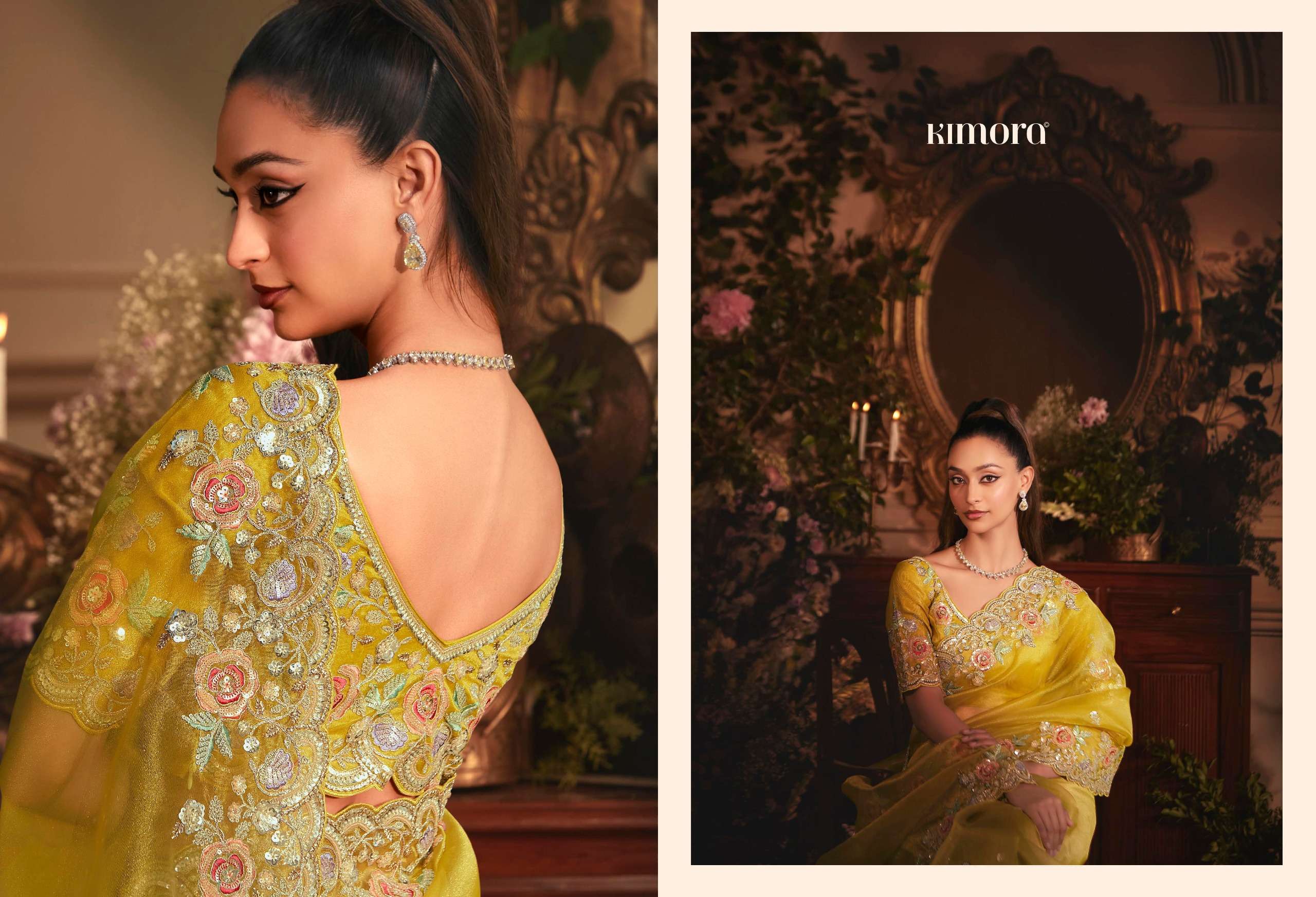 KIMORA PRESENTS CELEBRATION PREMIUM TISSUE ORGANZA FANCY PARTY WEAR LOOK SAREES CATALOG WHOLESALER AND EXPORTER IN SURAT