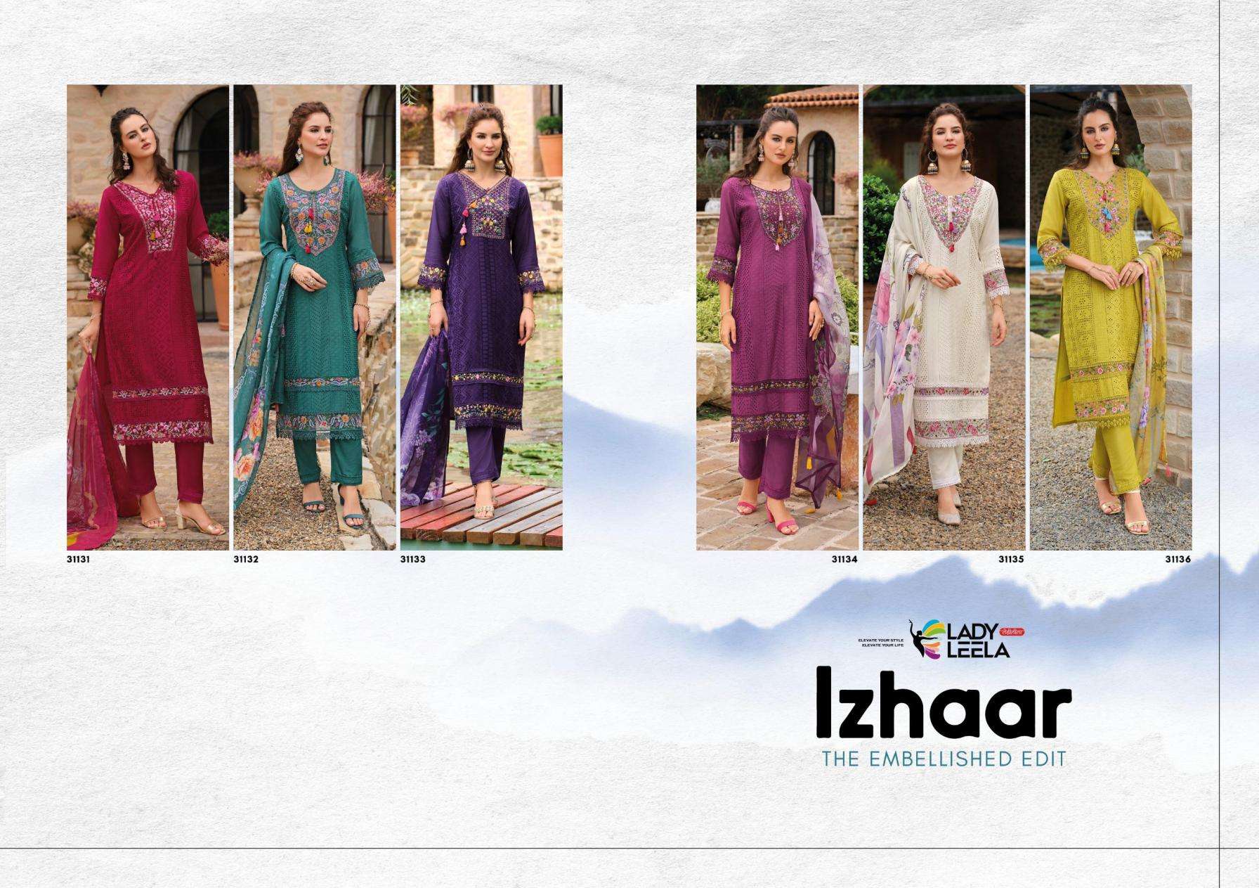 LADY LEELA PRESENTS IZHAAR READYMADE EXCLUSIVE MUSLIN SCHIFLI WORK 3PCS DRESS CATALOG WHOLESALER AND EXORTER IN SURAT