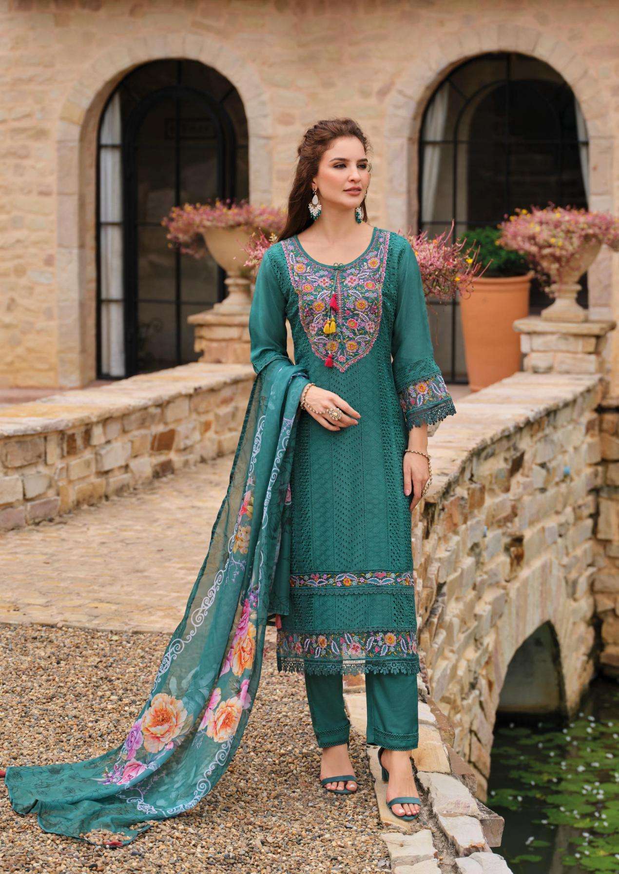 LADY LEELA PRESENTS IZHAAR READYMADE EXCLUSIVE MUSLIN SCHIFLI WORK 3PCS DRESS CATALOG WHOLESALER AND EXORTER IN SURAT