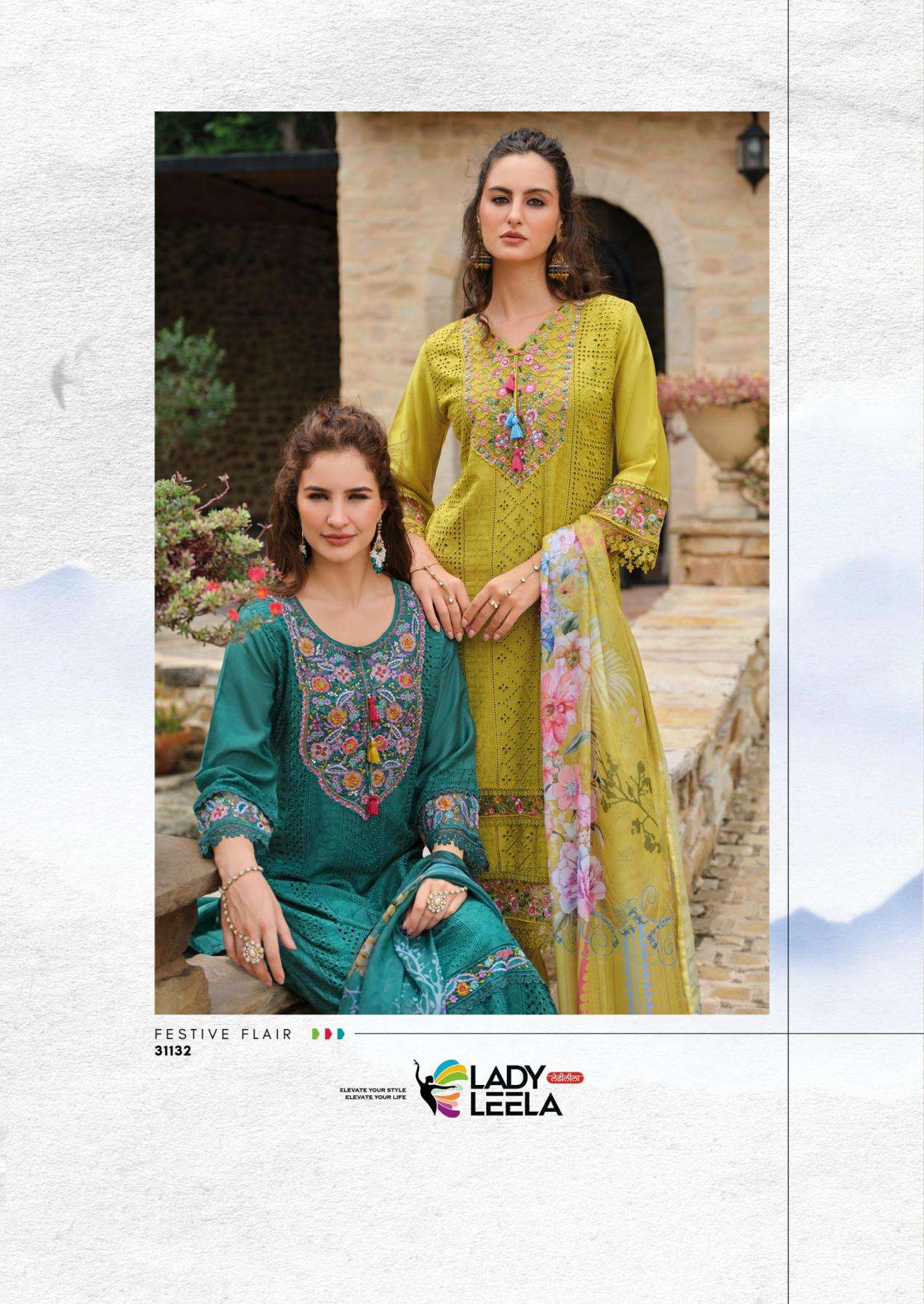 LADY LEELA PRESENTS IZHAAR READYMADE EXCLUSIVE MUSLIN SCHIFLI WORK 3PCS DRESS CATALOG WHOLESALER AND EXORTER IN SURAT