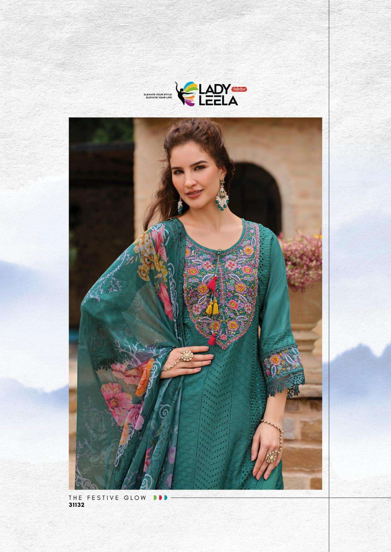 LADY LEELA PRESENTS IZHAAR READYMADE EXCLUSIVE MUSLIN SCHIFLI WORK 3PCS DRESS CATALOG WHOLESALER AND EXORTER IN SURAT