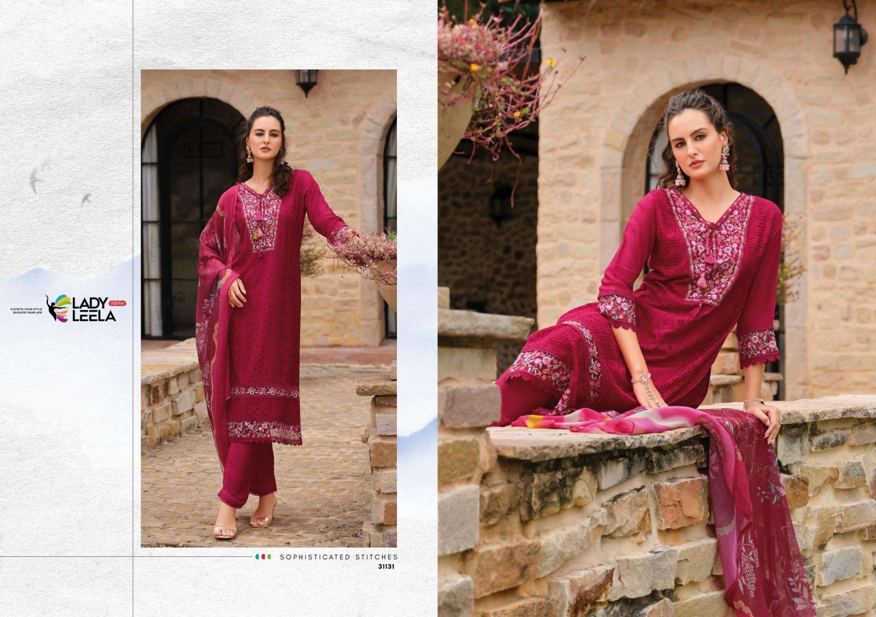 LADY LEELA PRESENTS IZHAAR READYMADE EXCLUSIVE MUSLIN SCHIFLI WORK 3PCS DRESS CATALOG WHOLESALER AND EXORTER IN SURAT