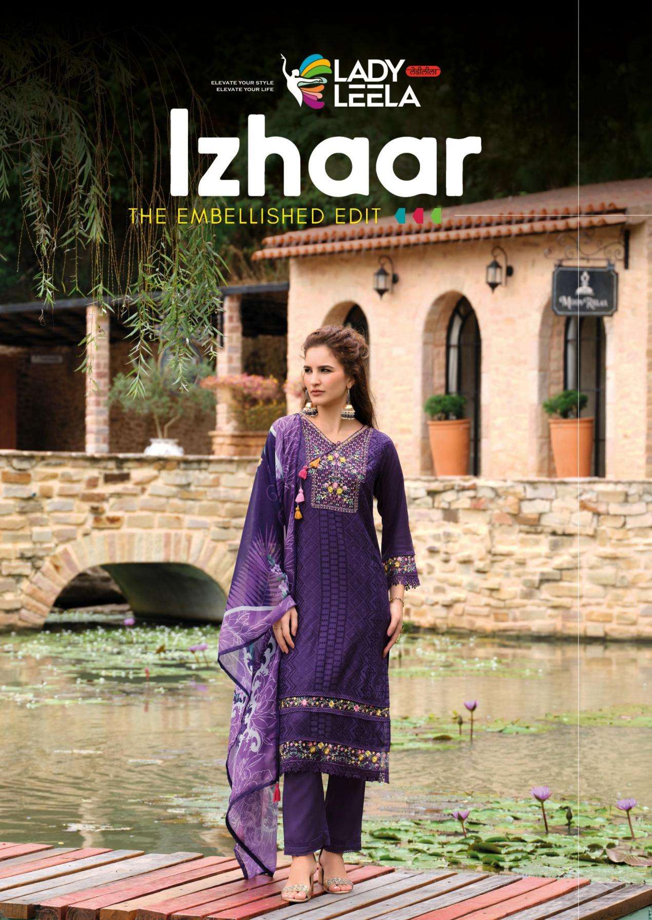 LADY LEELA PRESENTS IZHAAR READYMADE EXCLUSIVE MUSLIN SCHIFLI WORK 3PCS DRESS CATALOG WHOLESALER AND EXORTER IN SURAT