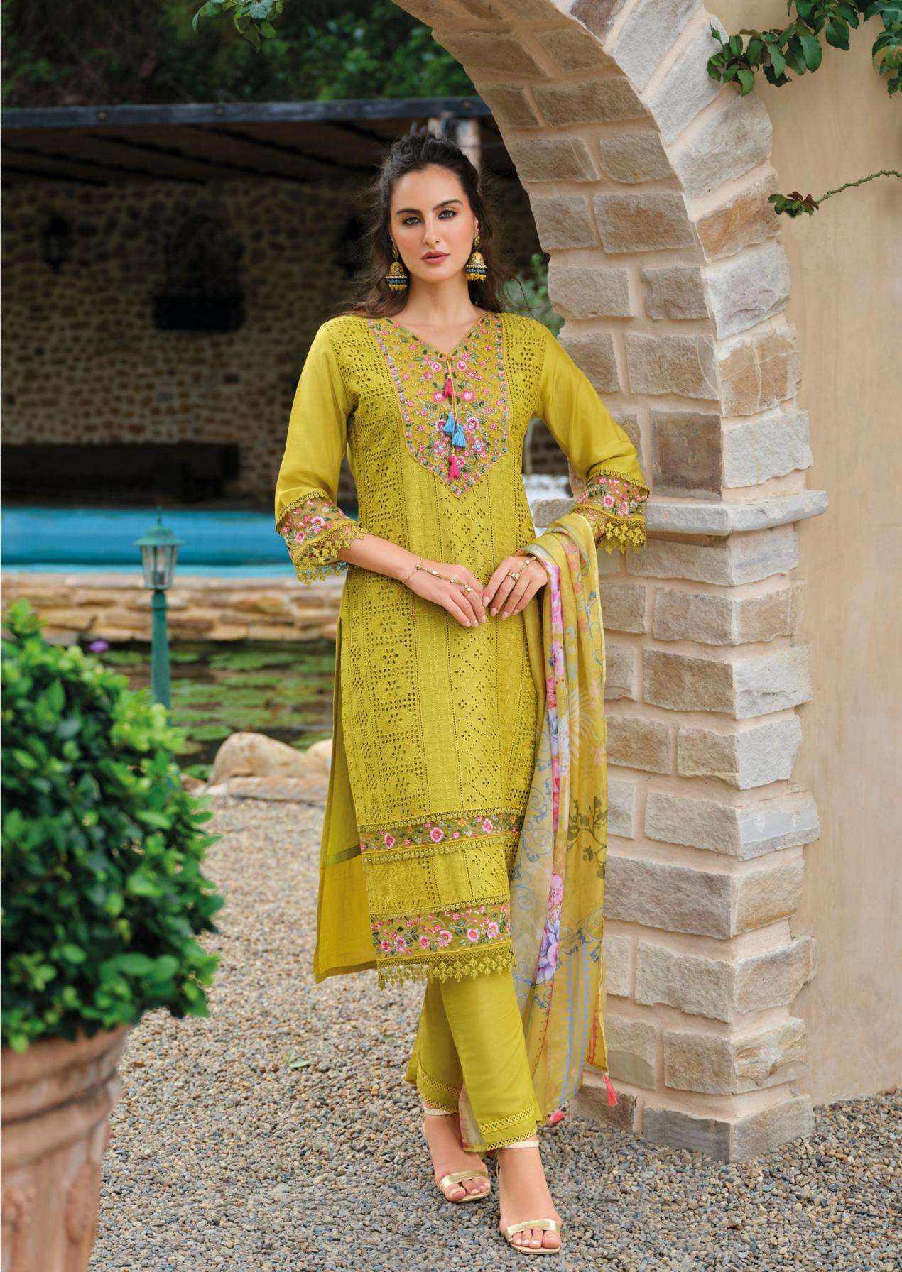 LADY LEELA PRESENTS IZHAAR READYMADE EXCLUSIVE MUSLIN SCHIFLI WORK 3PCS DRESS CATALOG WHOLESALER AND EXORTER IN SURAT