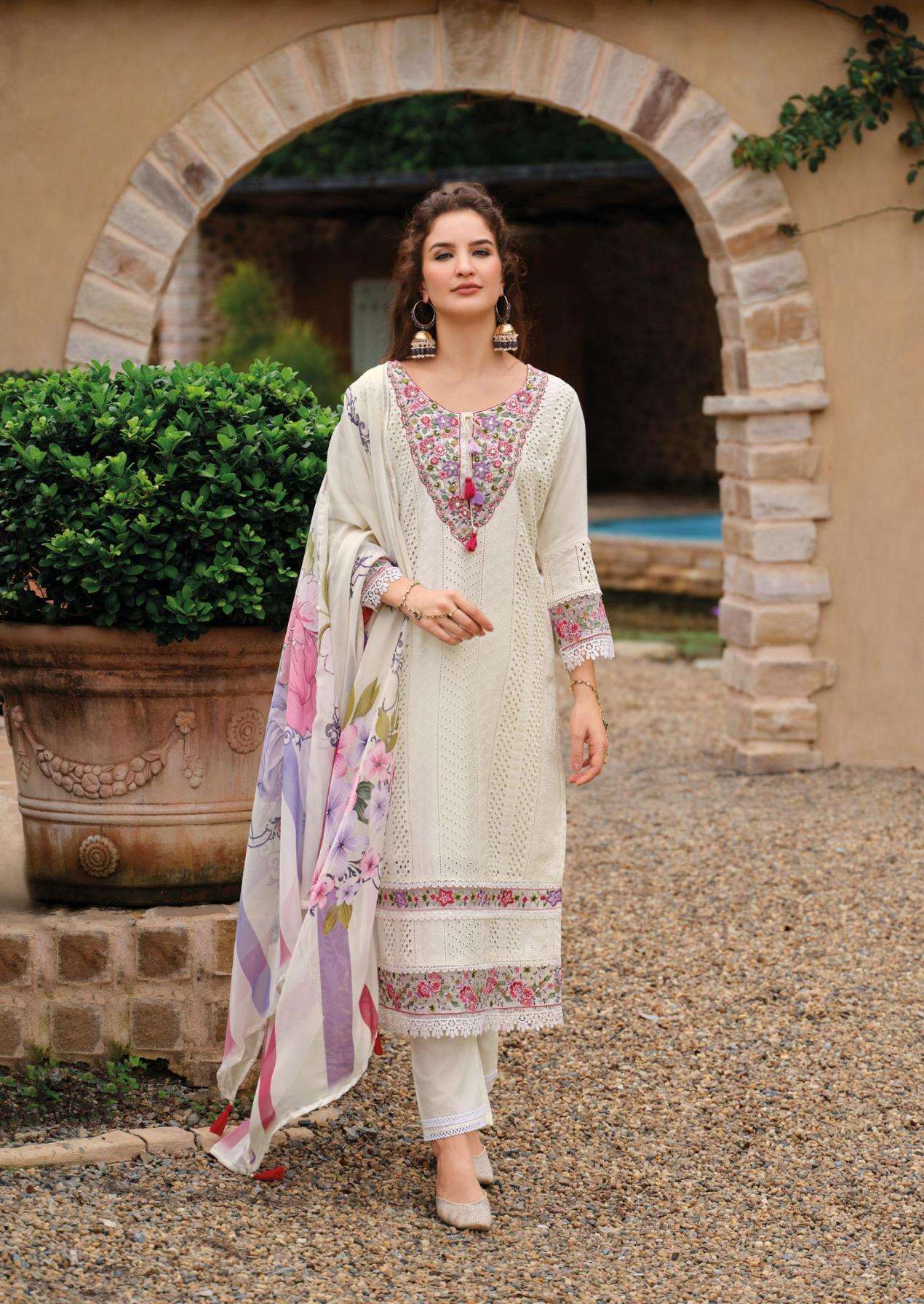 LADY LEELA PRESENTS IZHAAR READYMADE EXCLUSIVE MUSLIN SCHIFLI WORK 3PCS DRESS CATALOG WHOLESALER AND EXORTER IN SURAT