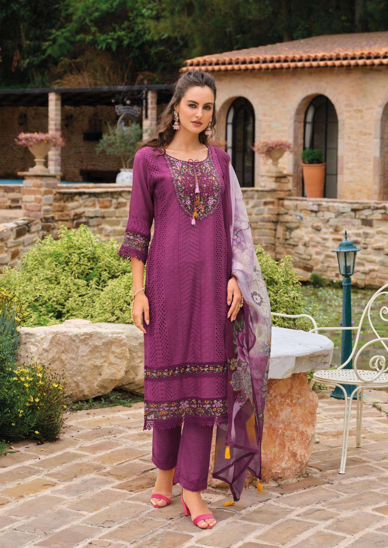 LADY LEELA PRESENTS IZHAAR READYMADE EXCLUSIVE MUSLIN SCHIFLI WORK 3PCS DRESS CATALOG WHOLESALER AND EXORTER IN SURAT